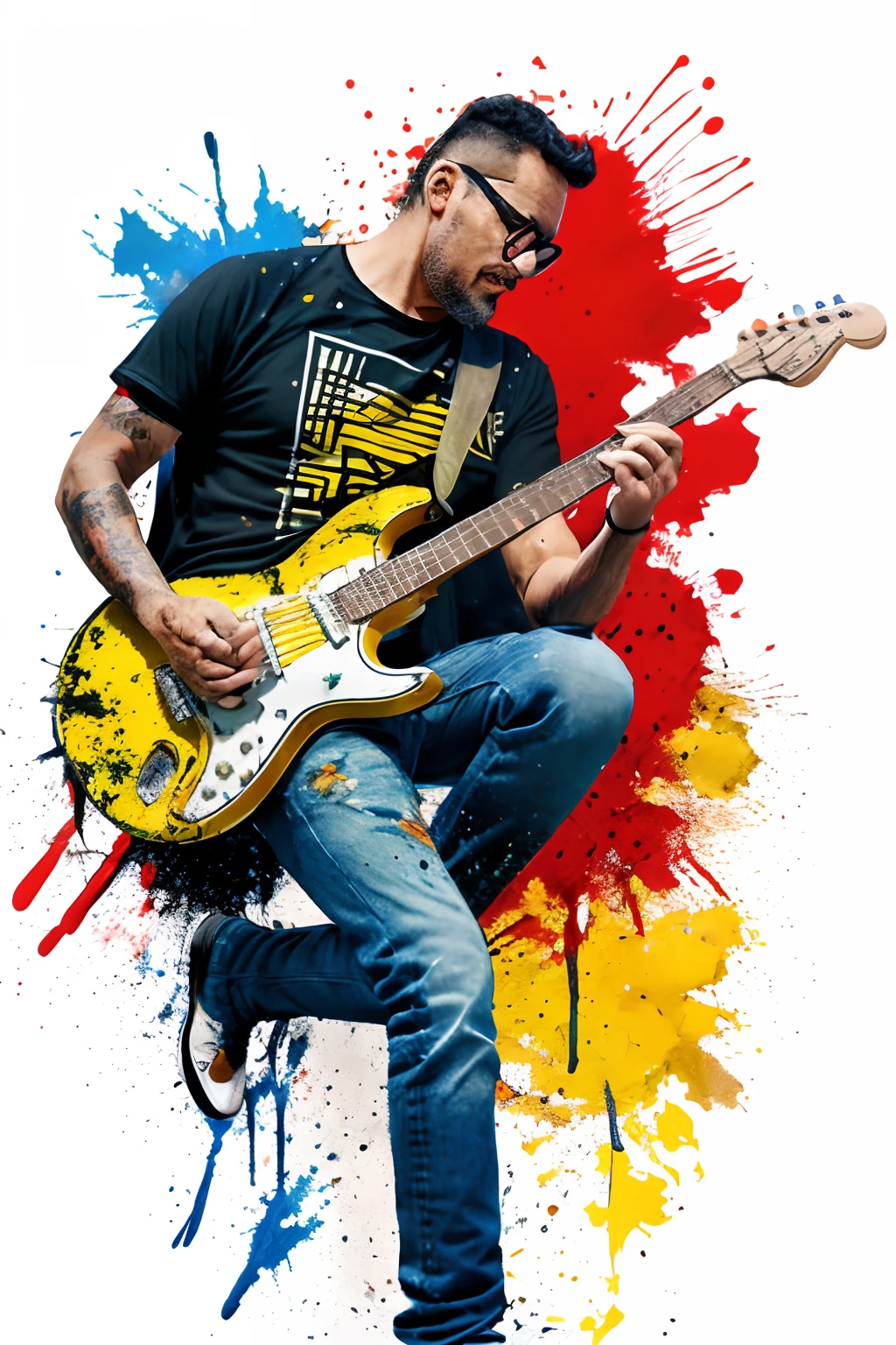 guttojugg1, Imagine a t-shirt print in a colorful splatter paint style with a man wearing glasses, uma camiseta preta rock, jeans rasgados pretos, e botas de combate pretas, tocando uma guitarra Stratocaster em uma pose virtuosa. This illustration is highly detailed with intricate splashes of red, amarelo, preto, e azul. background is white, acentuando o design vibrante e expressivo. The t-shirt itself is not included in the scene; only the print is visible.