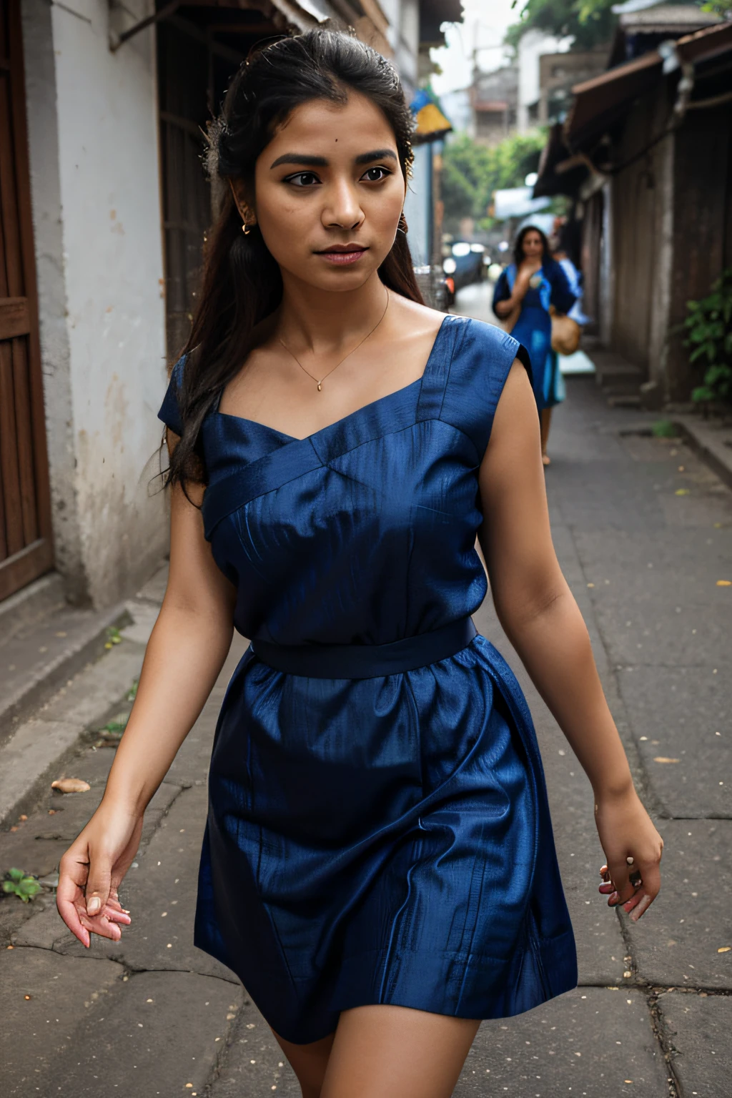 arafed woman walking, blue and black dress, photo of a woman, mid shot portrait, candid picture, 7 0 mm portrait, photo of young woman, 60mm portrait, candid portrait photo, wearing bihu dress mekhela sador, portait image, candid portrait, taken with canon eos 5 d mark iv