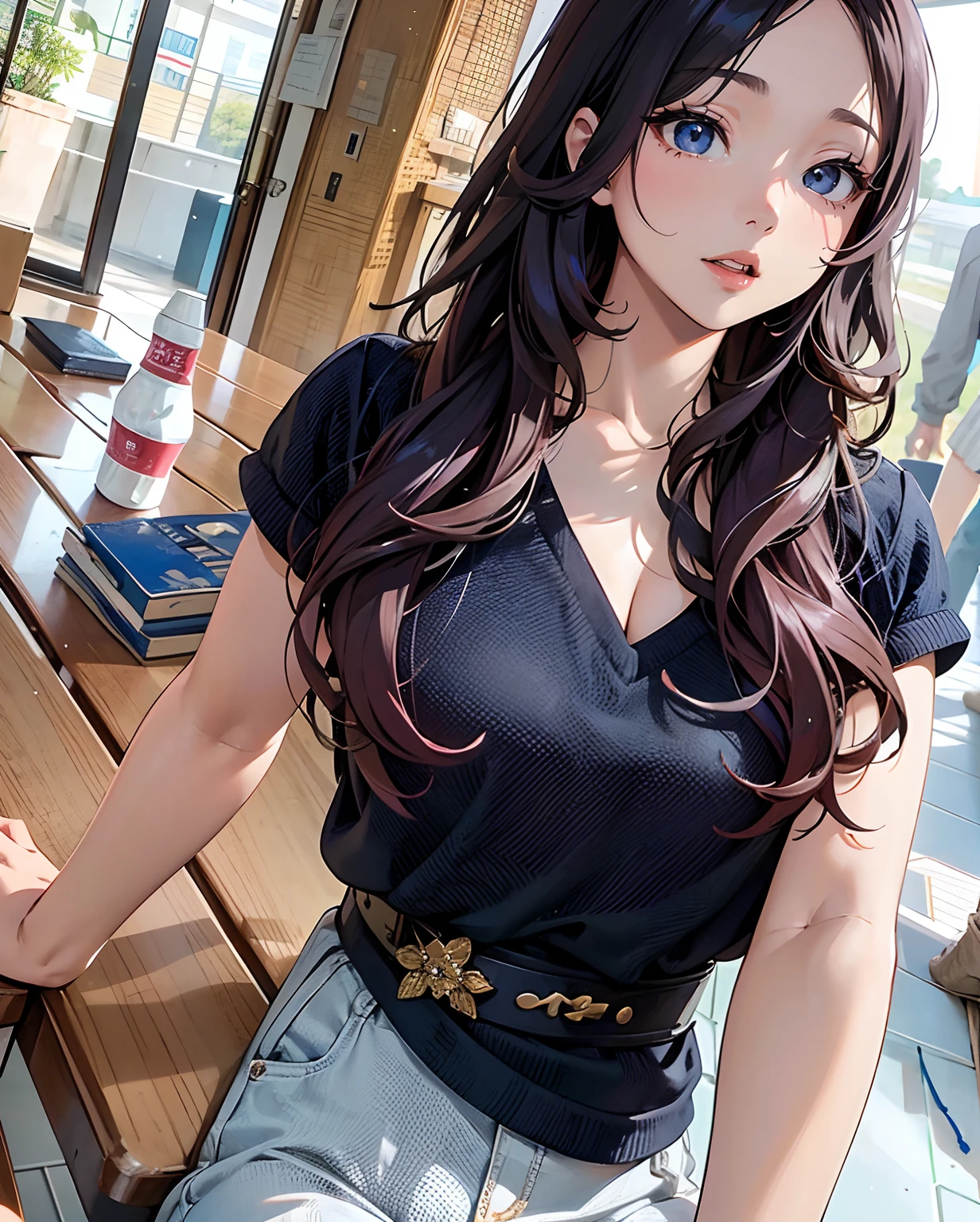 A woman sits at a table, Open V chest clothes, taken in 2 0 2 0, Profile image, Korean girl, very low quality, photograph taken in 2 0 2 0, A young Asian woman, Gorgeous young Korean woman, Beautiful Asian girl, Beautiful image, very very low quality, Beautiful young Korean woman, Asian girl