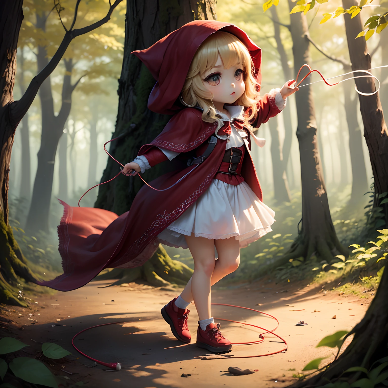 masterpiece、top-quality、ultra-detailliert、(Chibi Chara:1.3)、(Little Red Riding Hood:1.5),(skipping rope:1.3),White Yoga Fashion、Fairytale autumn forest、full body Esbian、