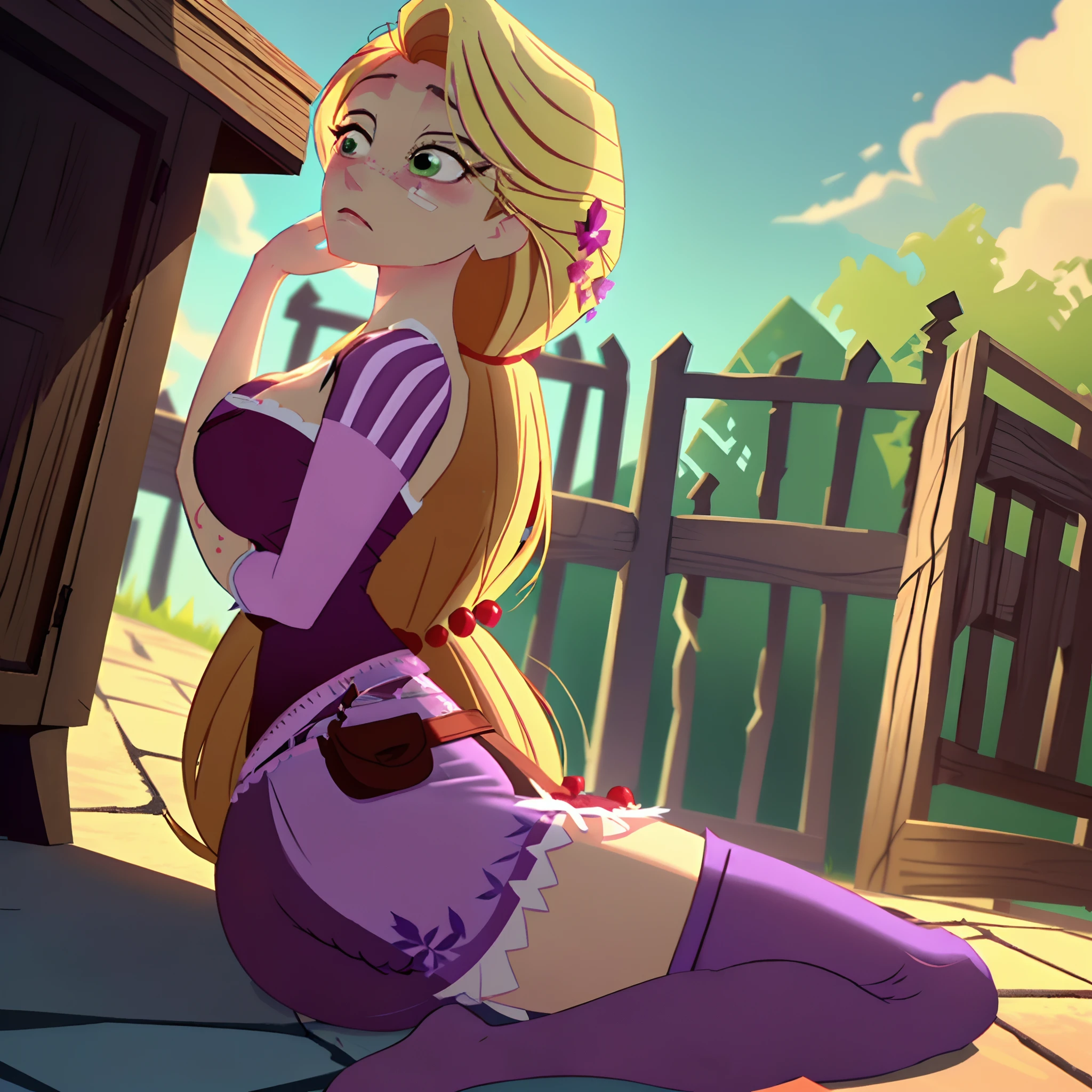 Rapunzel was robbed and beaten outside of a forest cabinet, and had endured hours of pain, beatings, slashes, gun shots, and blows. Now she just stares out at the sunset, green eyes barely open, and unable to pick herself up or breath easily hoping for someone to save her. (Rapunzel, big breasts: 1.4), (tattered, ripped, shredded purple lace dress: 1.9), (dishelved long blond hair: 1.4), Rapunzel comatose and on a porch: 1.2), Rapunzel scarred, bruised, and exhausted: 1.9), (Rapunzel has a miserable and painful facial expression: 1.8), (Rapunzel stuck on her back and her head looking to the  right: 1.9), (detailed Rapunzel character: 1.9), (close up view: 1.9), (brutal environment: 1.6), (pieces of the dress torn off: 1.9)