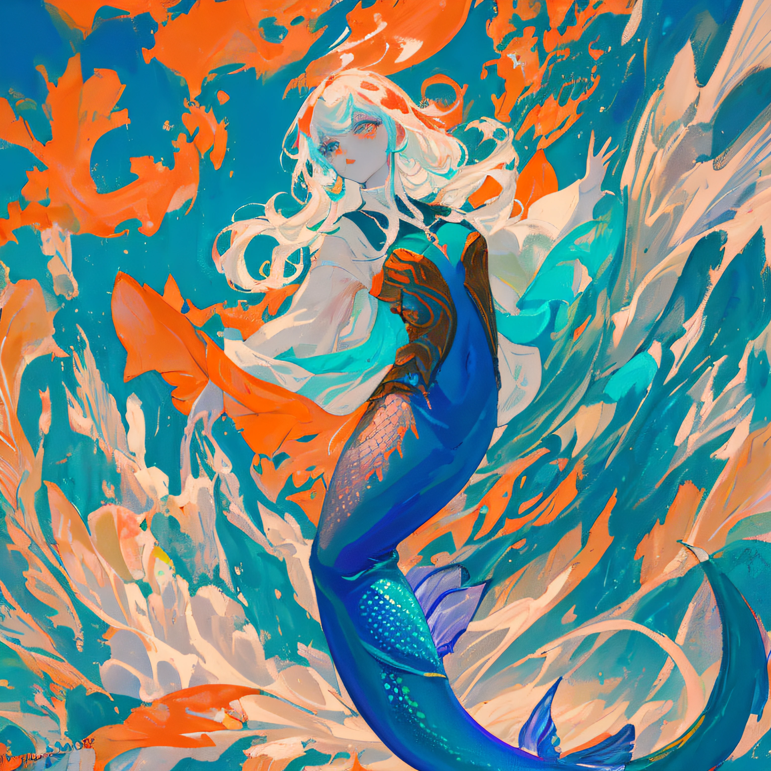 Merfolk creature with blue skin and fins holding a machete under an ocean wave