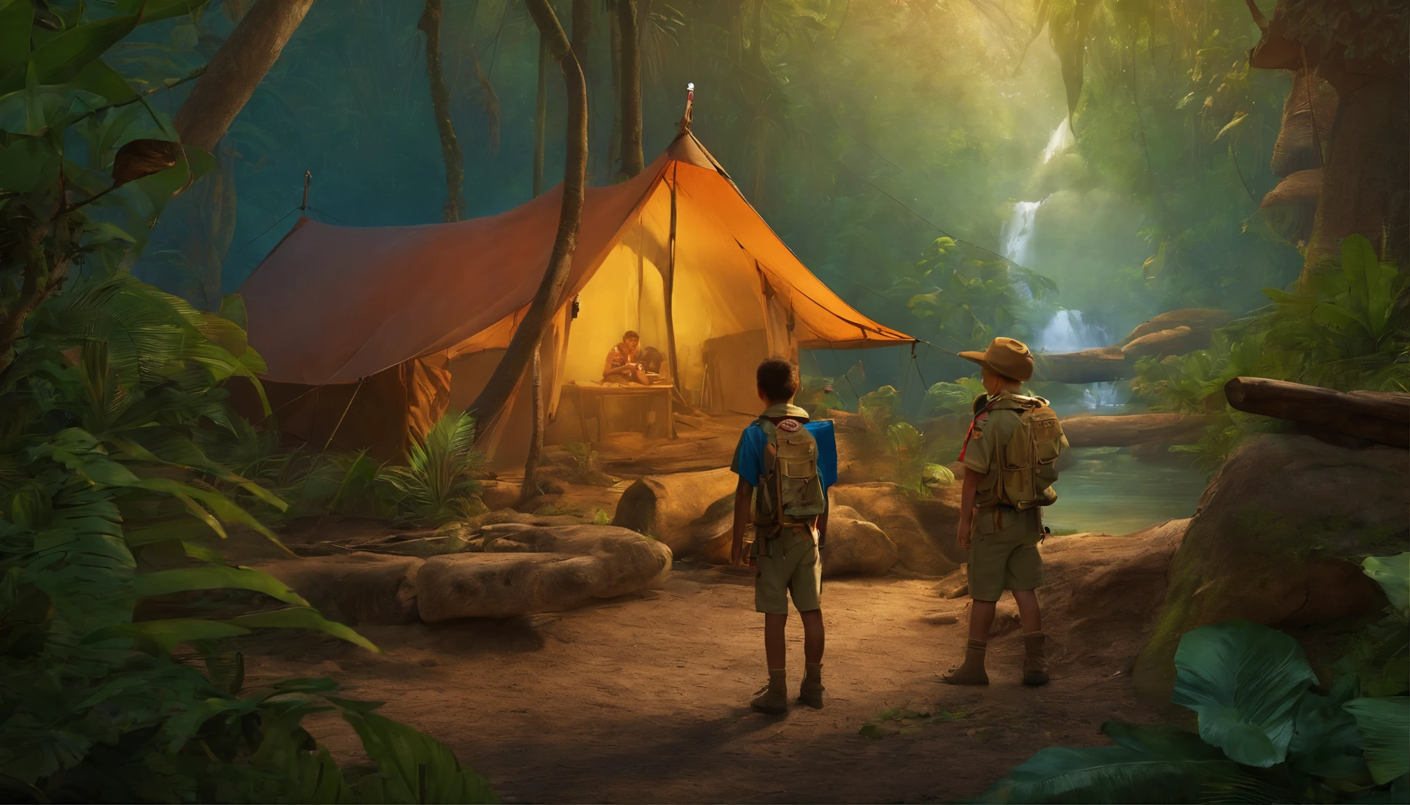 Boy scout, have neckecheft, in jungle, campping