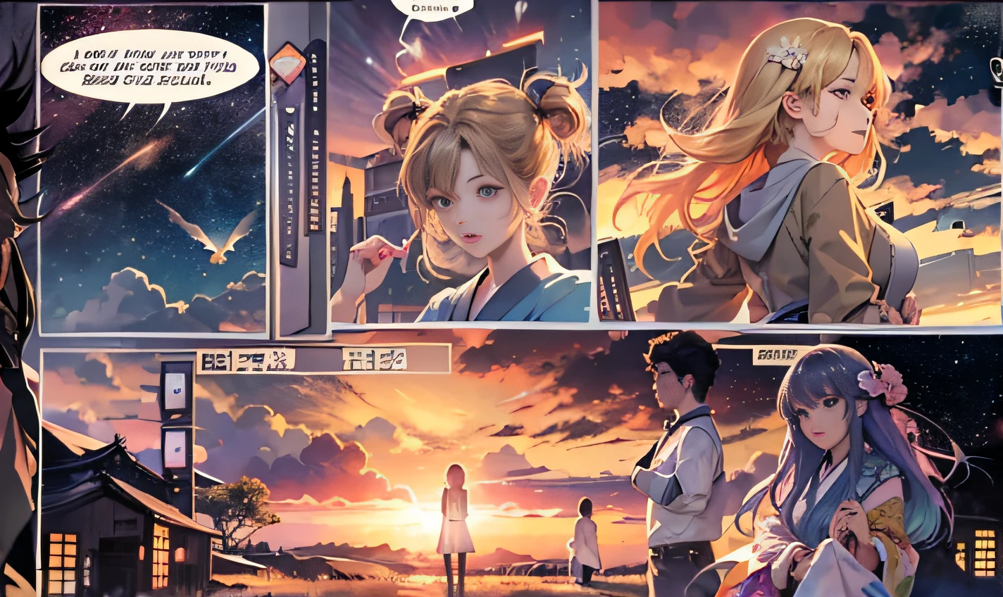 Comic storyboard:1.8, comic strip, English text, draw the Story of the woman who loves to the 30 year's man, anime emoji theme, night sky, beautiful Firefly, text dialogue box, draw front page of this story, japanese anime manga, hyperHD, 24K UHD, anime looks.