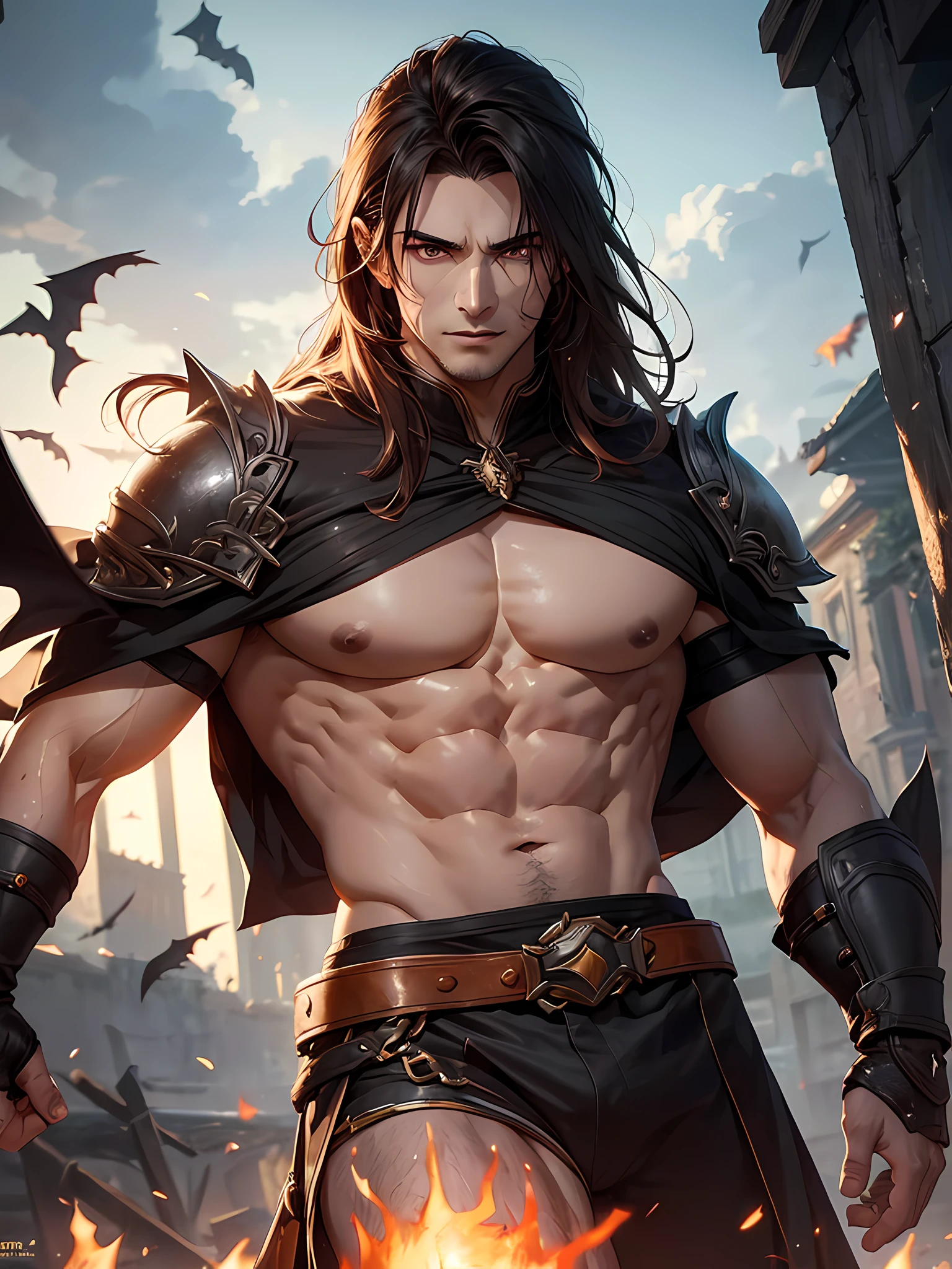Top quality, Photorealistic, 8K, High Definition, Unity 8K wallpaper, high res, ultra sharp, masterpiece, ((masterpiece)), best quality, expressive eyes, perfect face, detailed face, detailed eyes, masterpiece, highly detailed exquisite character art, epic fantasy digital art style, detailed digital 3D fantasy art, ultra-realistic, detailed body, detailed pectorals, male focus, big bare pectorals, detailed muscles, big chest, 1male, attractive vampire, vampire lord, super tall, low angle, white super long hair, detailed glowing orange eyes, broad shoulders, bats, destroyed town, flying