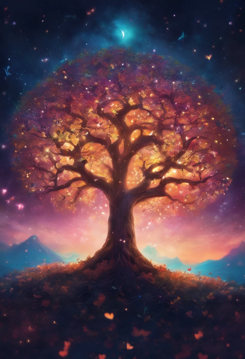 a tree with leaves made of music notes glowing in the magical night sky