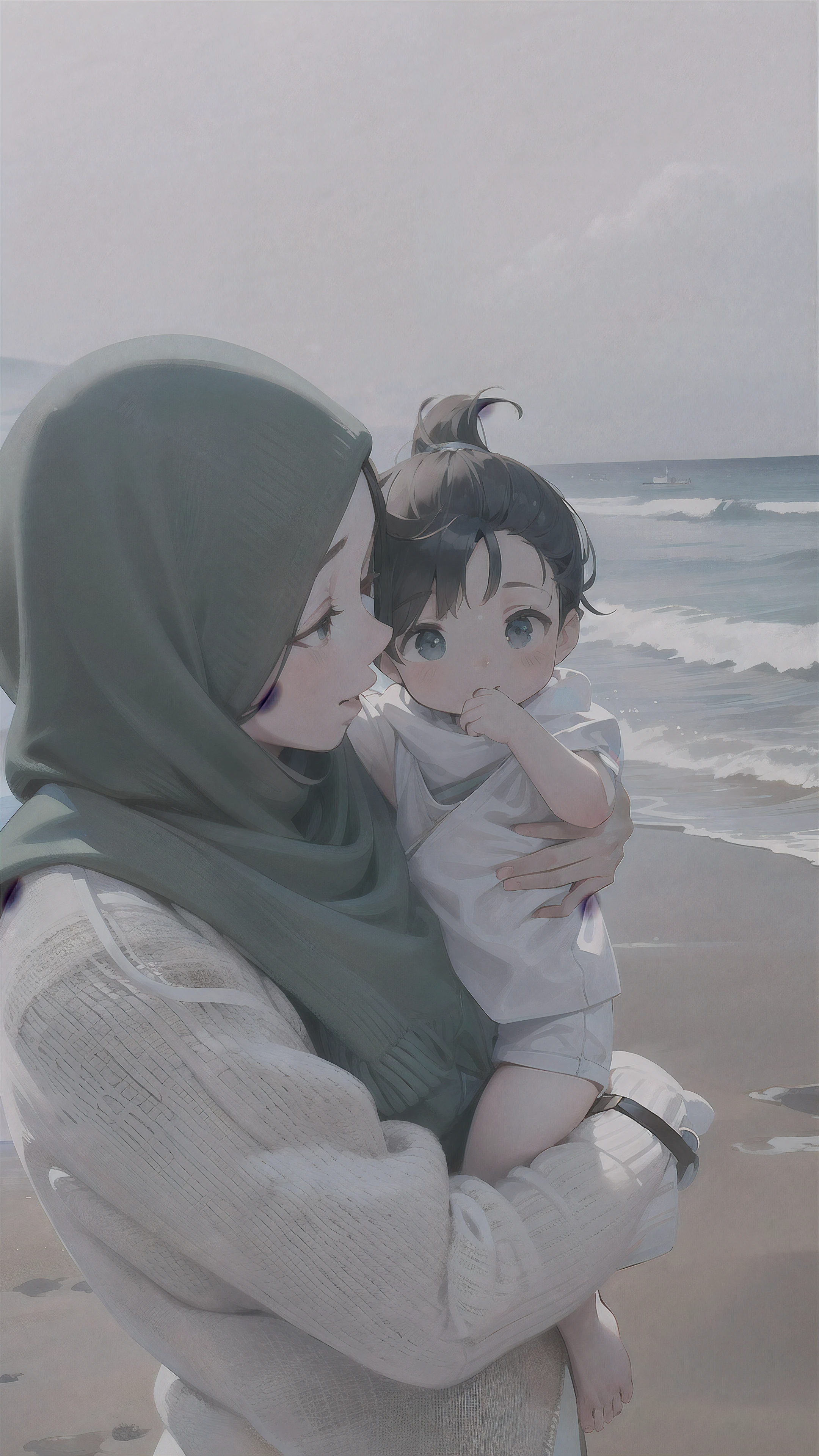 woman holding a baby on the beach with a blue scarf, at the sea, in a sea, in the beach, in the sea, at a beach, beach pic, on beach, sitting at the beach, at the beach, on the ocean water, with ivy, zenra taliyah, taken with canon eos 5 d mark iv