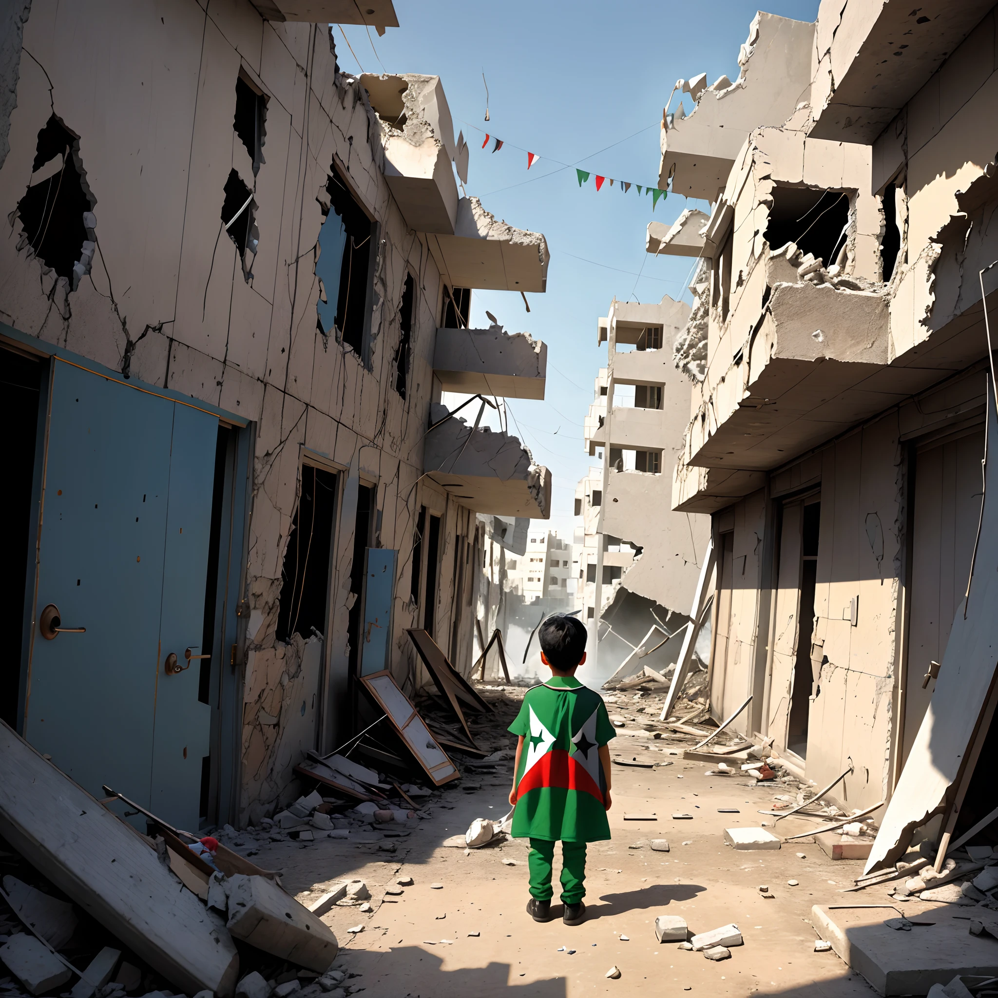 Palestinian child in typical clothes with a little plant in his hands amidst the ruins of war
