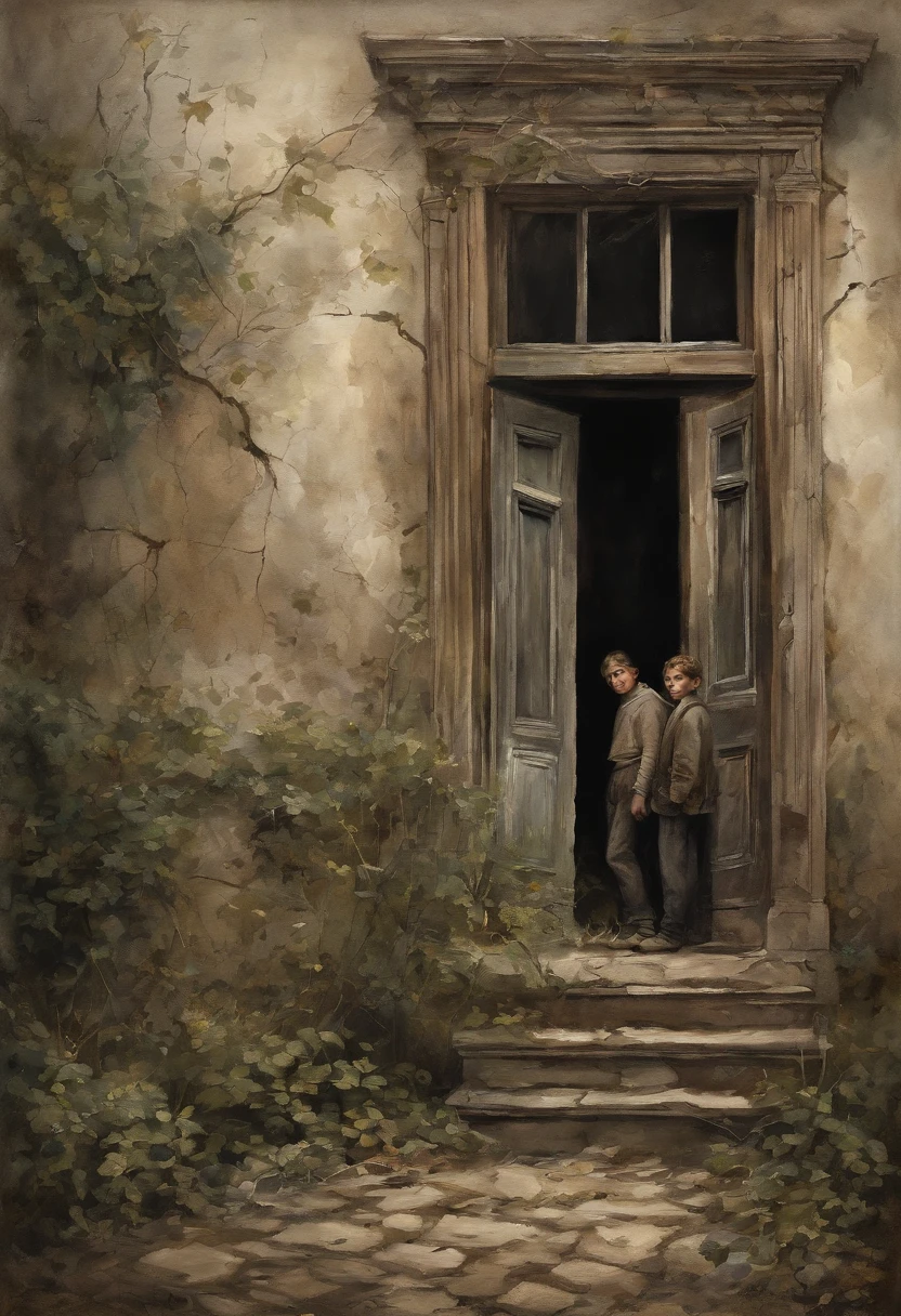 (best quality,4k,8k,highres,masterpiece:1.2),ultra-detailed,(realistic,photorealistic,photo-realistic:1.37),portrait style,night scene,dark colors,soft lighting,emotional atmosphere,beautiful detailed eyes,beautiful detailed lips,2 boys,ghost-like appearance,haunting expressions,dramatic angles,old abandoned house,moonlight filtering through broken windows,creeping vines and foliage,cracked walls and peeling wallpaper,torn love letters scattered on the floor,faded photographs of the past,feeling of melancholy and longing,intricate patterns on the boys' clothes,wind gently blowing their hair,symbolic elements representing their previous lives,subtle hints of past traumas,deep emotional connection between the boys,implied forbidden love,open-ended narrative,ambiguous and thought-provoking.