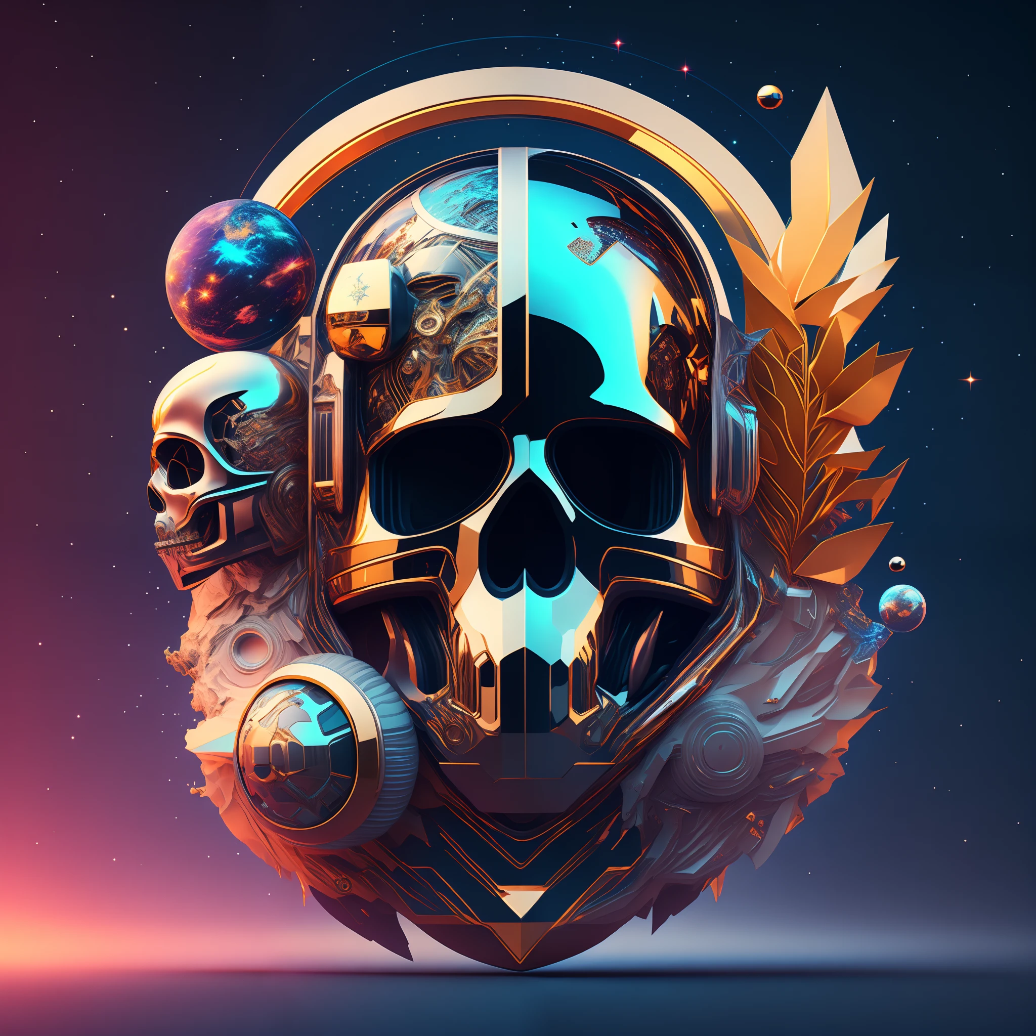 starrysky,Stylized astronaut helmet and skull,Complex design,Super detailed vector artwork,floatking,dynamic viewing angle,metallic luster,Complicated details,Holographic Display,Atmospheric effects,sci-fi themed,first-person view, 8k, super detail, ccurate, best quality