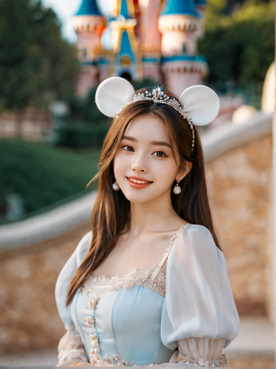 xx Remix Girl, A beautiful girl, Photo by Fujifilm Superia, Charlie Amani, Oversized portrait, Baby Core, Big eyes ,Very clean and delicate face, Soft and delicate facial lines, smiling, Optimistic and confident, beautiful hair, Very delicate facial features, The background is Disneyland, upperbody