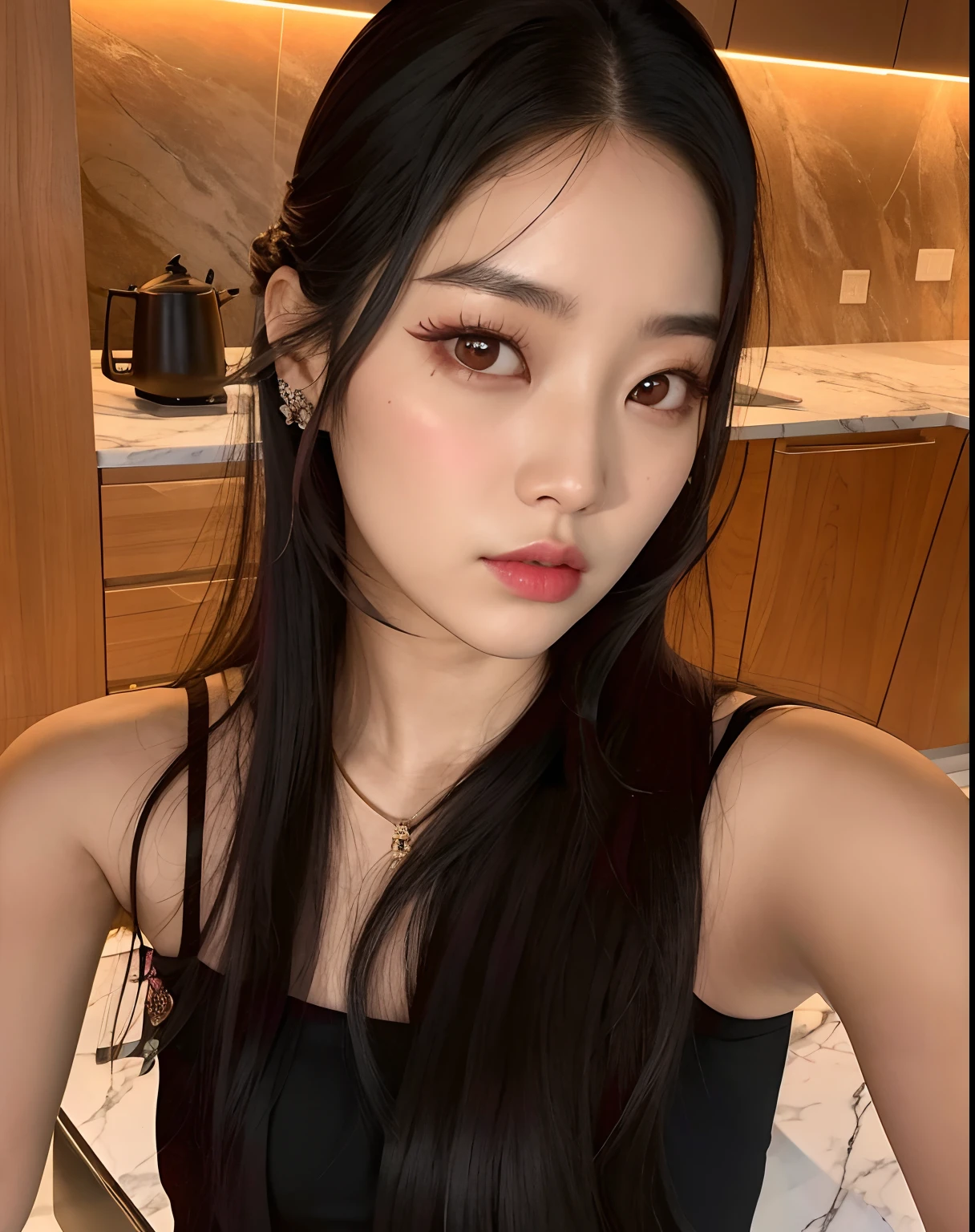There is a woman who is posing for a photo in a kitchen, Mulher sul-coreana bonita, Heonhwa Choe, linda mulher coreana jovem, dilraba dilmurat, mulher coreana jovem bonita, coreana, jisoo do blackpink, TaeJune Kim, Jisoo do Blackpink, Lee Ji - Eun, Lee Ji-eun, 2 7 anos
