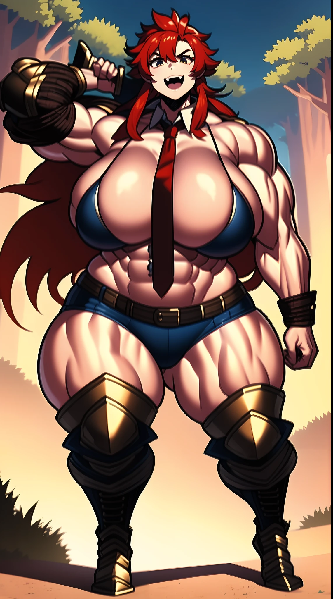 masterpiece, best quality, tomboy, warrior, berserker, tall female, muscular female, living hair, sauvage,, medieval clothing, fantasy, fantasy weapon, huge breasts, barbarian pants, combat boots, red hair, smile, open mouth, biceps, necktie, thick arms,long hair,pants, pullover,medieval armor