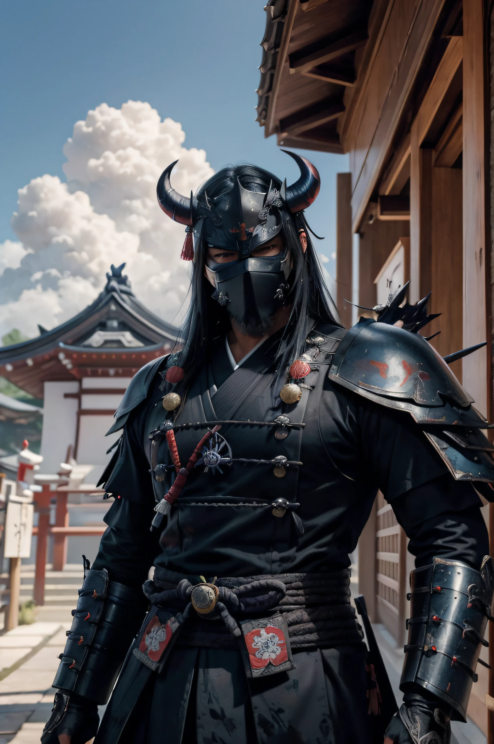 (Demon Samurai)、(Mask of the Demon)、sozinho、Como o corpo inteiro、(Armado com um longo, grande espada, Japan)、virado para a frente,Magnificent work of art、((Estilo de pintura do painel de Quioto))、efeito vento:1.9、Efeitos de nuvem:1.2、Armadura azul e preta、Full rendering、Encaustic ink、UnrealEngine、
