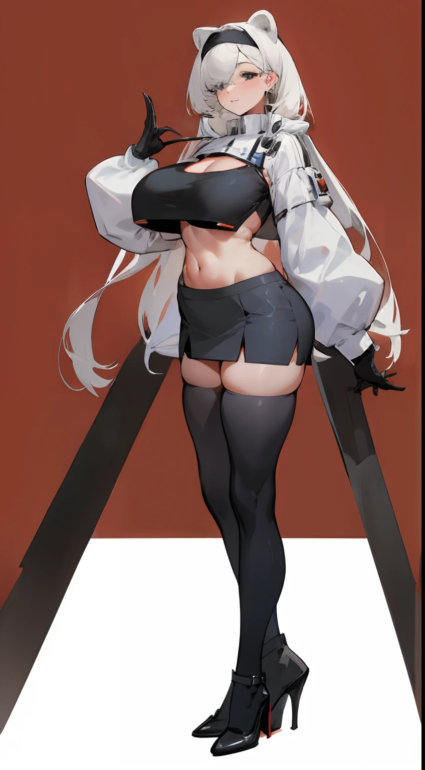 Bigboobs,cropped shoulders,the maid outfit,maidennurse,Black over-the-knee stockings,High ponytail,Stand up,high-heels