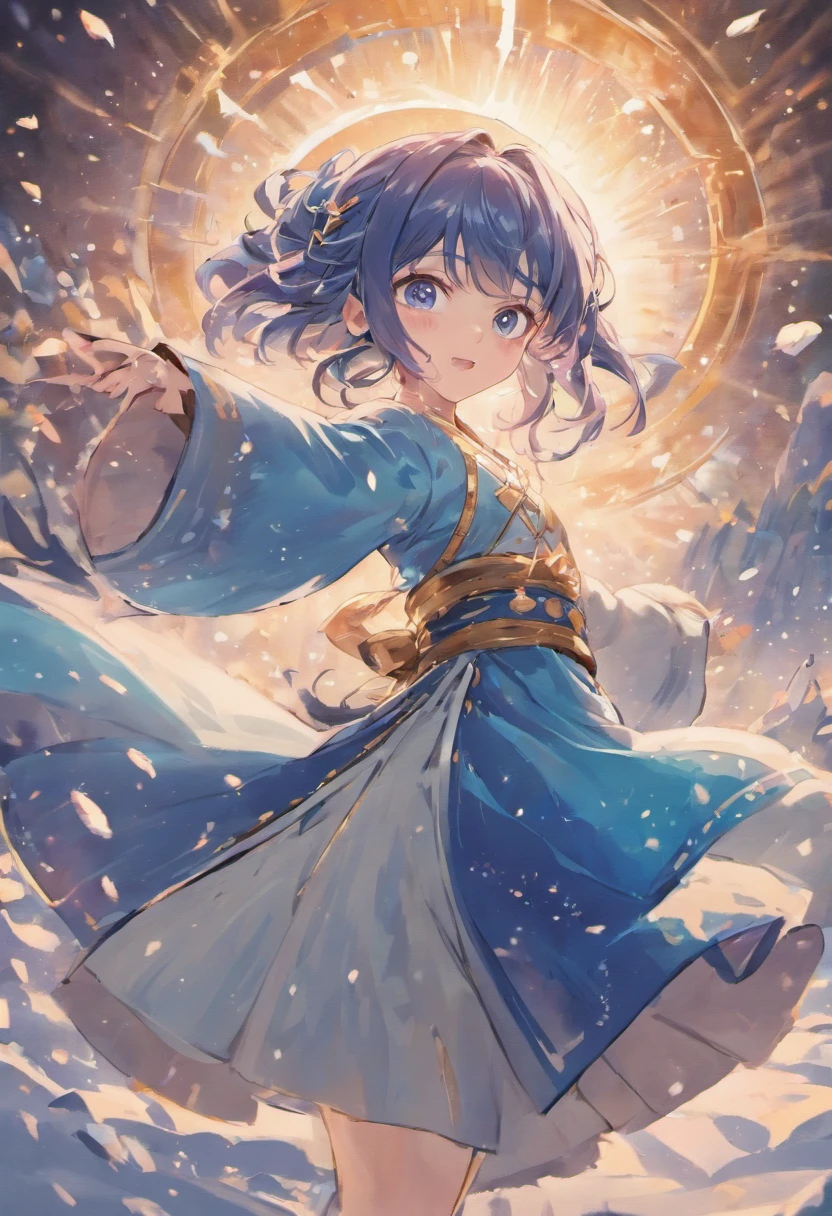 Best quality, 4K picture quality, 1girl, Nadia, blue eyes, blue Hanfu, snow, long black hair fluttering in the wind, healing smile, large aperture, blurred background, superpowered girl, frost Giants, frost elemental
