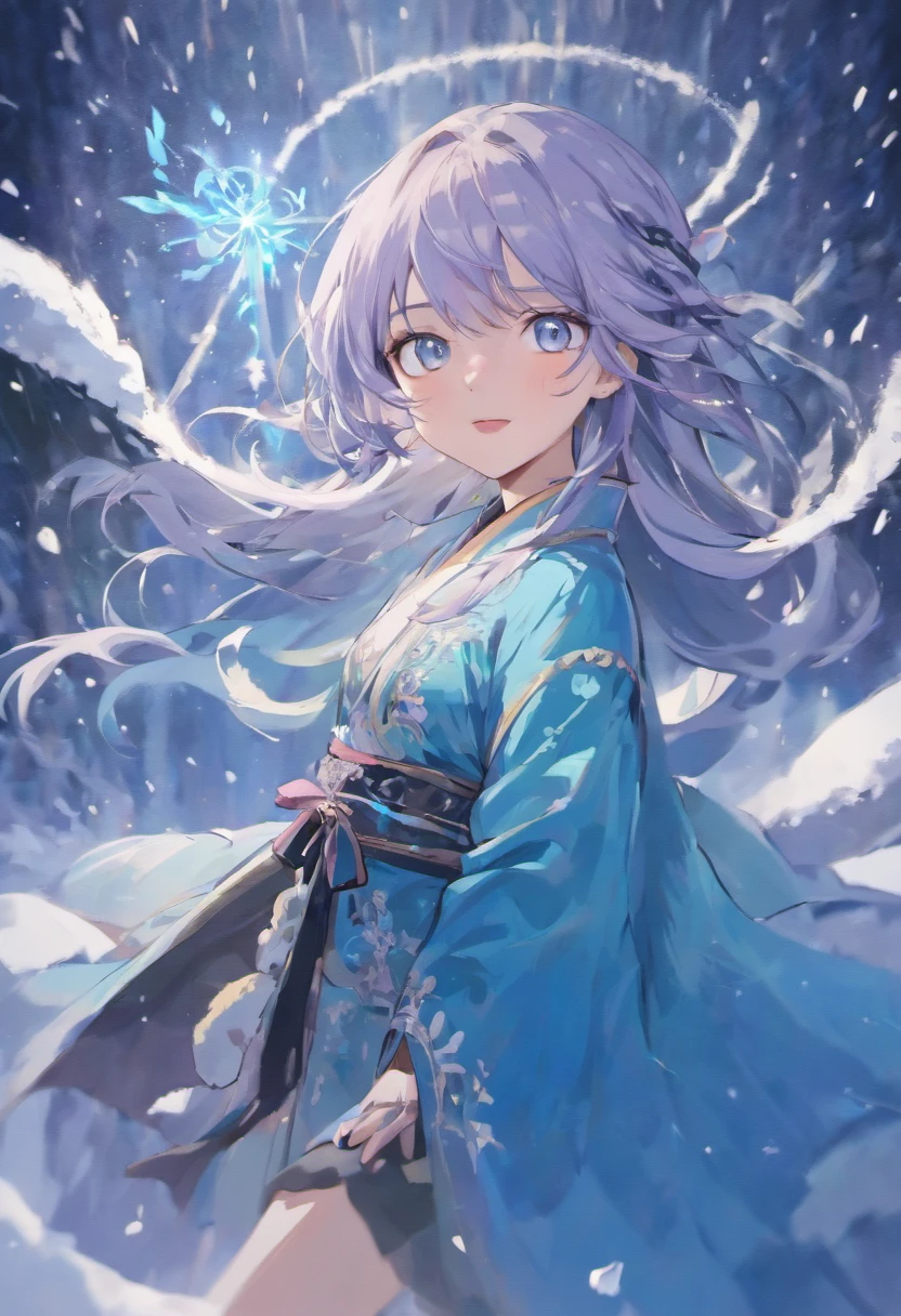 Best quality, 4K picture quality, 1girl, Nadia, blue eyes, blue Hanfu, snow, long black hair fluttering in the wind, healing smile, large aperture, blurred background, superpowered girl, frost Giants, frost elemental