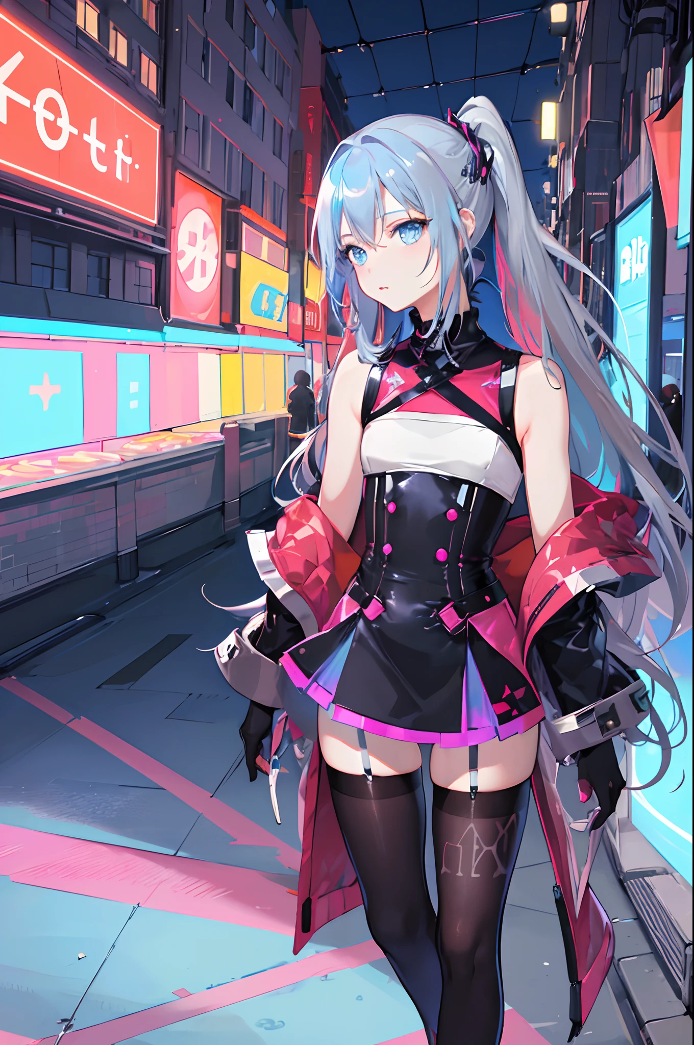 ((masterpiece:1.4, best quality))++, (ultra detailed)+,(best quality,ultra-detailed,vivid color,colorful, dynamic angle, high contrast:1.2),upper body,
(two-tone metallic red color short tight party dress:1.2),sexy,(short_skirt:1.3),high_heels,stockings,sleeveless,bare back,(futuristic cityscape,racing track, neon sign, search light, holograms:1.3),delicate face, delicate features,(from below:0.5),
fashionable, vibrant, outfit, posing, front, colorful, dynamic, background, elements, confident, expression, statement, accessory, majestic, coiled, around, scene,cover, bold, attention-grabbing,stylish, font, catchy, striking, modern, trendy, focus, fashion,
cute 1girl,(solo:1.3),(flat chest:1.2),double ponytail,(jewel-like blue eyes:1.3), (shiny hair, silver long hair:1.3), haneoka_meimi,