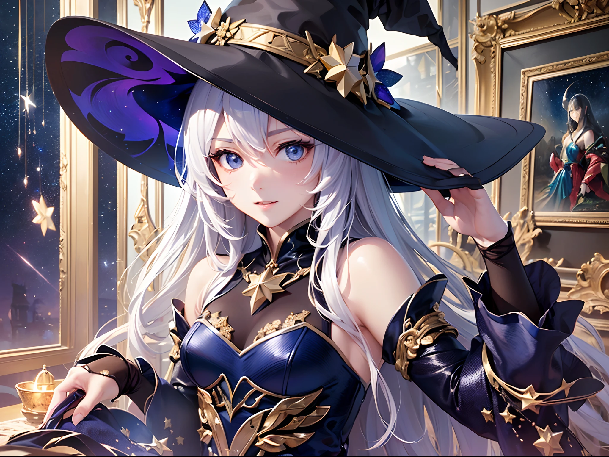 ((Finest quality)),(超A high resolution),(ultra-detailliert),(Meticulous portrayal),((Best CG)),(Finest works of art),Ultra-Precision Art,The art of astounding depiction, ( Starry Midnight:1.3), (1人の女性:1.5),(the witch),Dynamic poses:1.5:sneering:1.3,Trail of Light:1.3