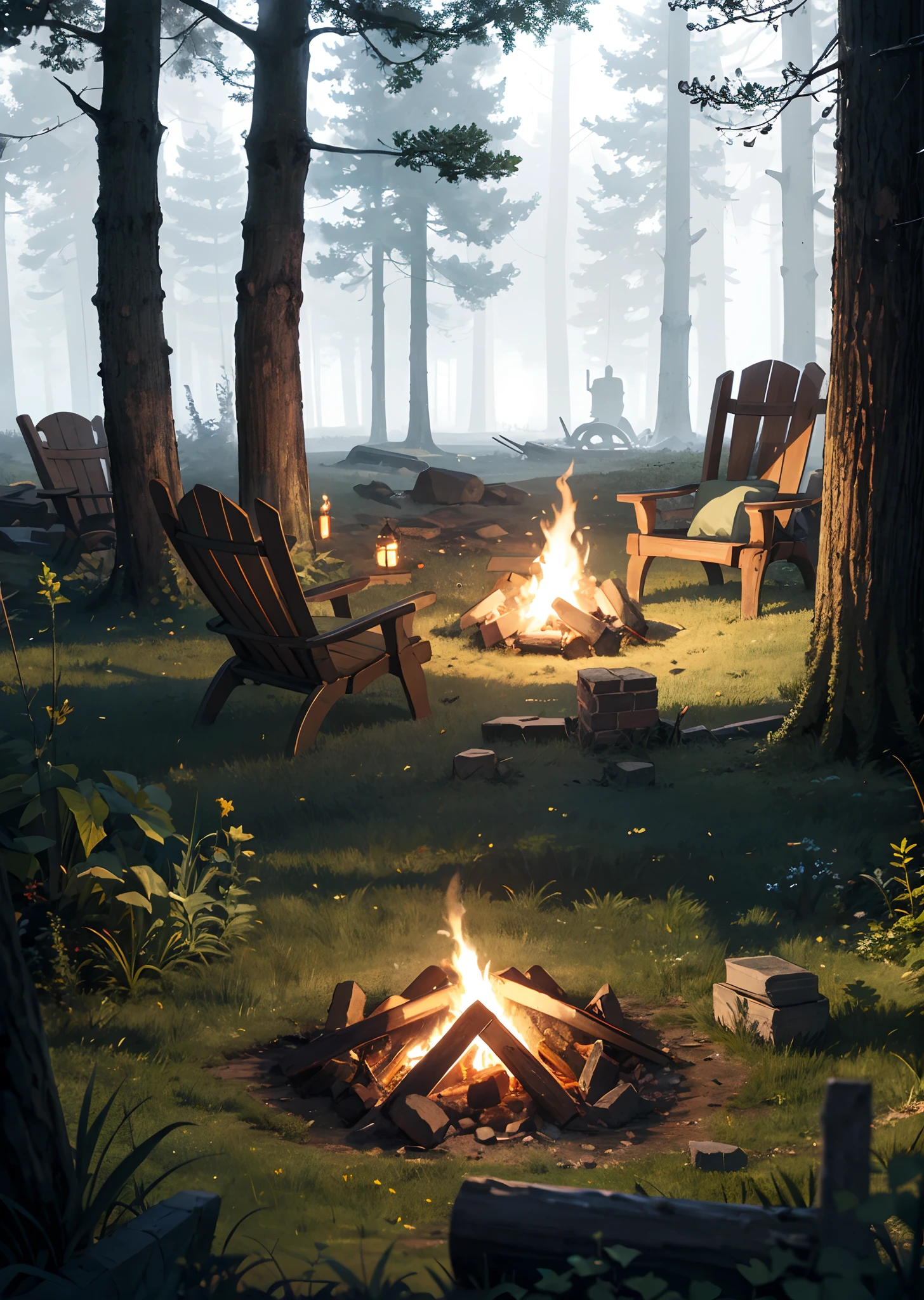 Fantasy World, woods, campfire, Ruins