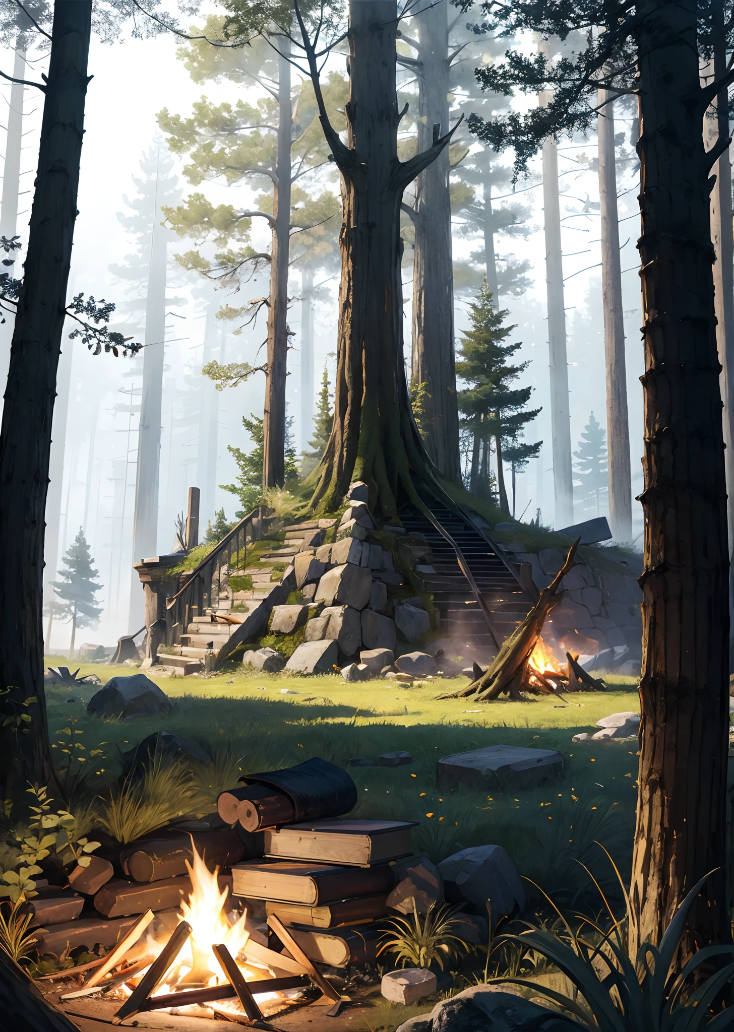 Fantasy World, woods, campfire, Ruins