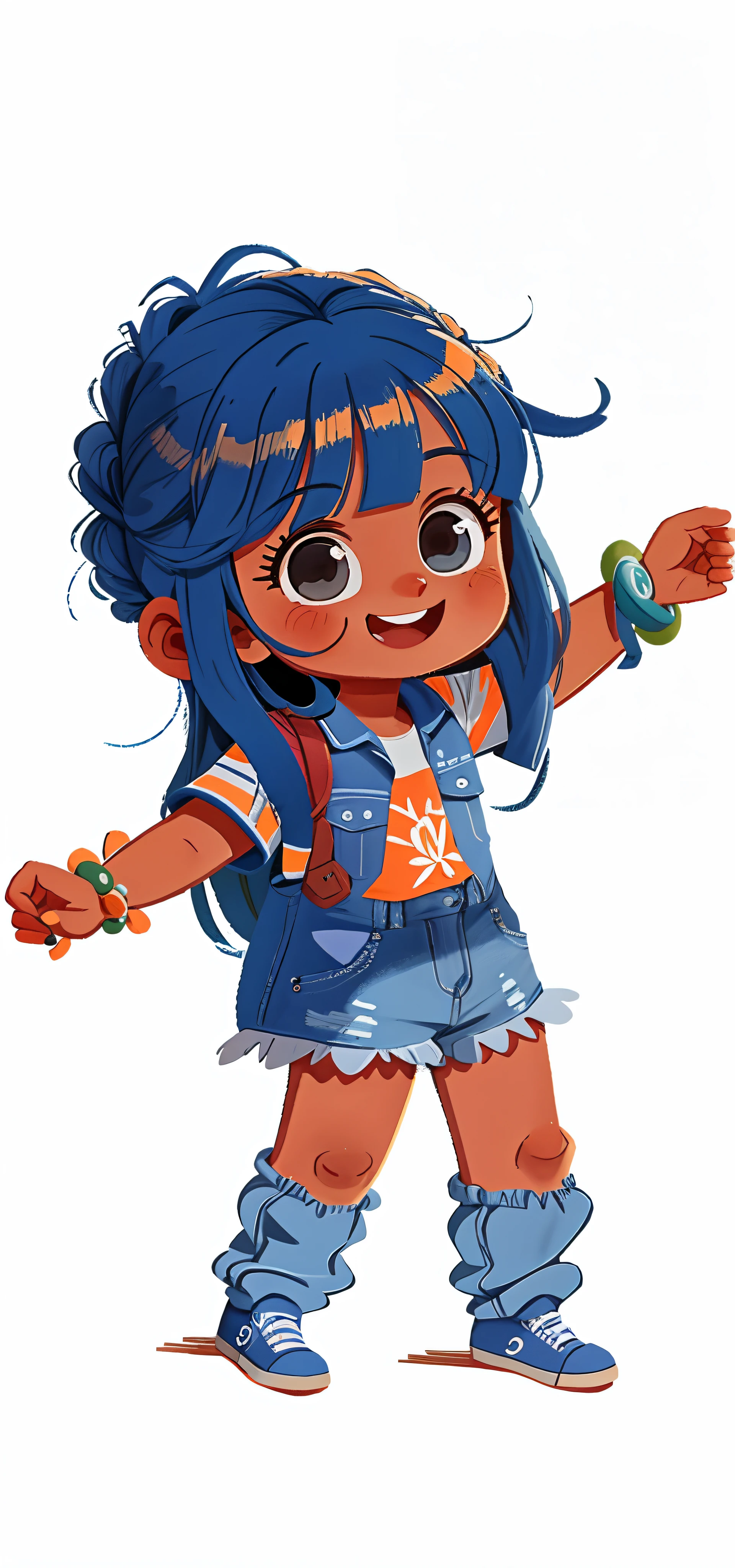 Uma garota, cabelos lisos, castanhos, olhos azulado, pele clara,8 anos, low water, Fofa, Wearing a blue denim jumpsuit, feliz, sorrindo, camisa laranja, Usando uma meia branca,, and sneakers, altamente detalhado, fundo simples, fundo branco, sem detalhes.