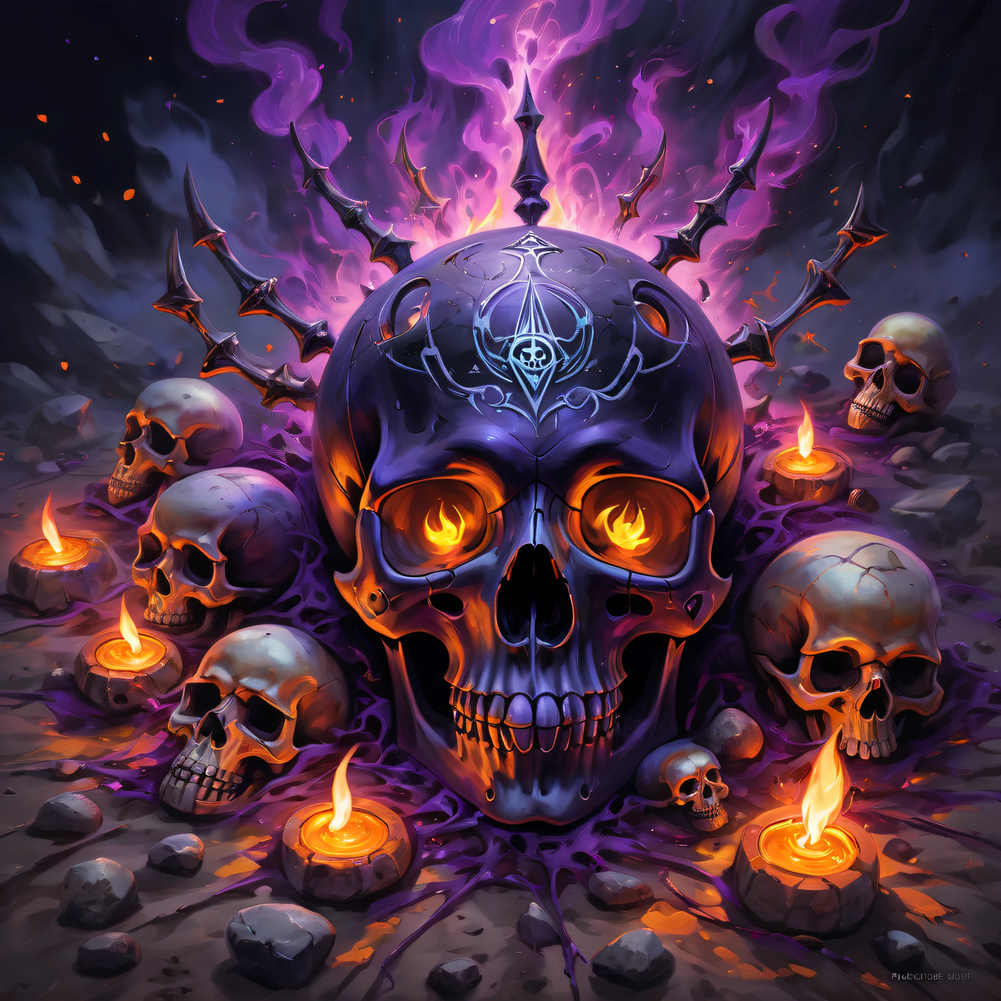 (best quality),(masterpiece),solo, looking at viewer, simple background, teeth, no humans, glowing, dark background, toxic, toxic flowers, death flower, sad colors, cold colors, on table, tablecloth, <lora:skulls00d-000012:1>skull