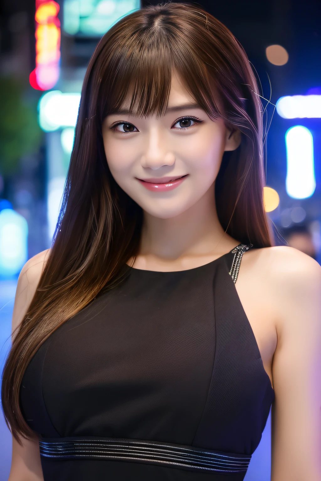 ((top-quality、8k、masterpiece:1.3))、1girl in、a smile、full bodyesbian、Slim Faces、Pretty women、(dark brown hair)、huge tit,Full-length dresses:1.1、hyperdetailed face、A detailed eye、二重まぶた、blured background、Slim Faces、城市、takeout、a street、