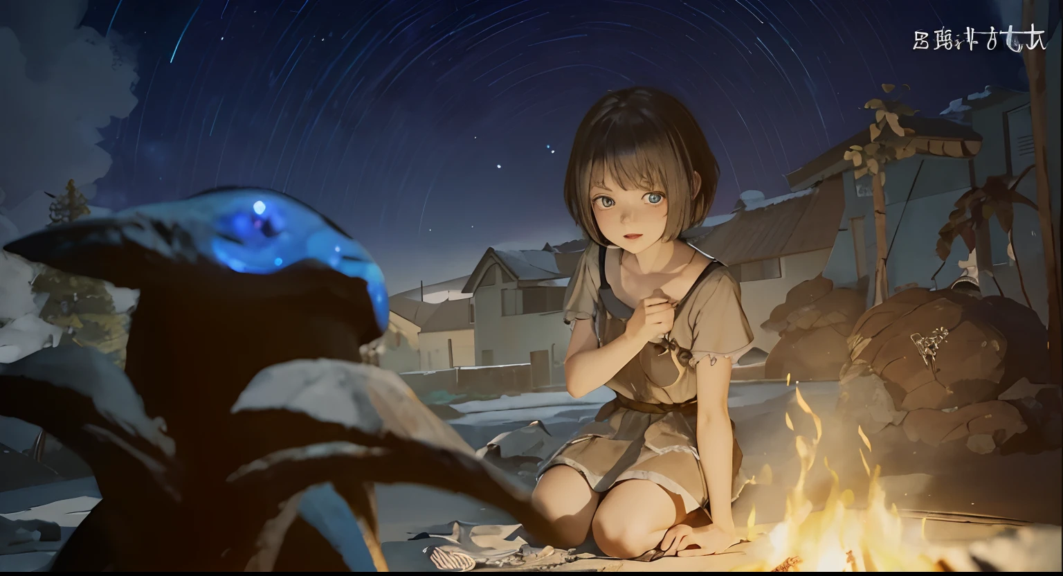 Anime girl sitting on the ground,There is a blue monster in front of him,The girl talks to the monster,Girl with short hair,black color hair,blue color eyes,14岁,There is a campfire next door,Girls wear brown,deep in the night,There are houses on the hillside in the distance,Many stars in the sky are turning fast,Best quality, High quality, High definition, High quality texture, Highqualityshadow, High detail, Beautiful detailed, finely detailed, cg extremely detailed, Detailed texture, Realistic representation...