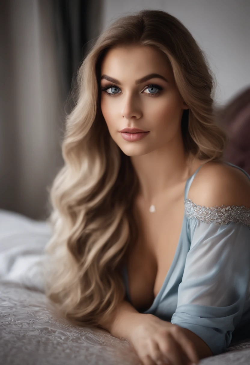 arafed frau voll , Sexy girl with blue eyes, ultra realistisch, Akribisch detailliert, portrait sophie mudd, blonde hair and large eyes, Selfie einer jungen Frau, Augen im Schlafzimmer, Violet Myers, ohne Make-up, Natural makeup, Blick direkt in die Kamera, Gesicht mit Artgram, dezentes Make-up, Stunning full body shot, die auf dem Bett kniet, im Schlafzimmer, medium to large bust size