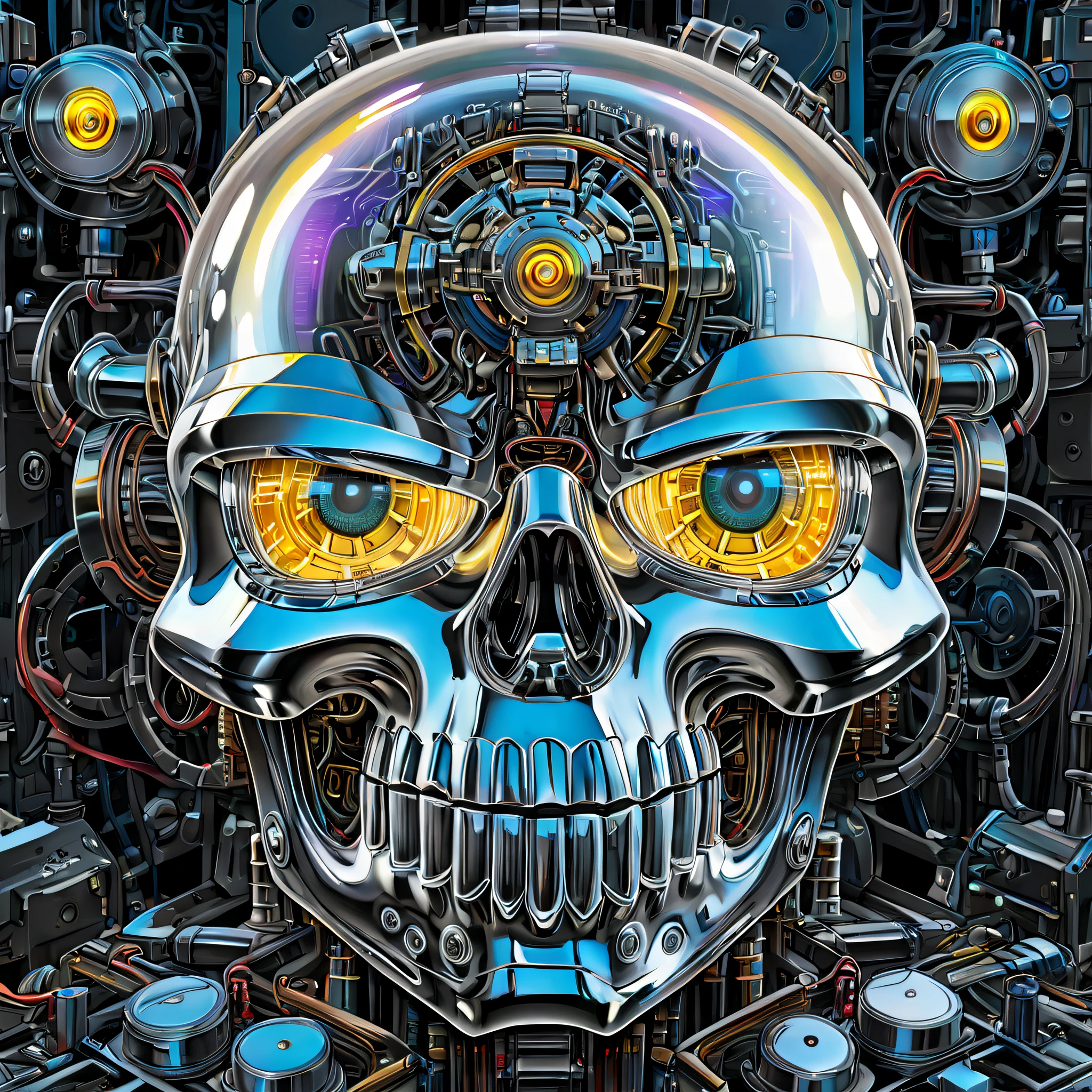 (Best quality, 8K,A high resolution,Masterpiece:1.2,Ultra-detailed), （Futuristic robot skull, Close-up of the head）, colorful neon, High-tech mechanical parts, Metal skeletons, Bionic eye, Detailed texture design, hovers in mid-air,Electric white and bright gold,Vivid glowing eyes,Reflective metal surface,Gloomy environment,Dynamic pose,imposing presence,Technological progress,Interlocking mechanical gears,Dynamic and stylish design,motion blur effect, meticulous craftsmanship, Sci-fi atmosphere, Streamlined aerodynamic shape,Laser scanning pattern,holographic projections,Light-emitting circuit lines,hauntingly beautiful,Otherworldly precision,Advanced sensors,Complex algorithms,Ominous and mysterious atmosphere,electric sparks,Shiny chrome plating,Futuristic propulsion system,