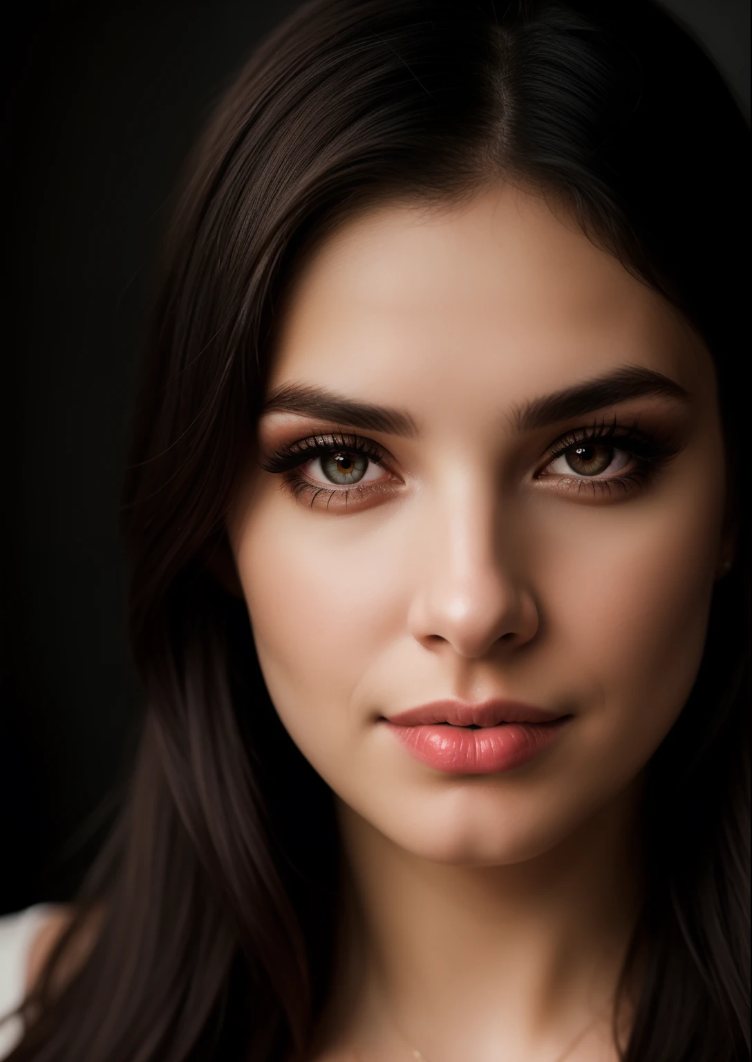 RAW, analog style, A stunning portrait of a young, beautiful woman with striking features. She should have long, flowing black hair, a captivating gaze, and an alluring expression. The background should be neutral and simple, allowing the woman to be the image's focal point. ((skin detail)), Please pay close attention to the details, such as the highlights and shadows on her face and hair, to create a lifelike and realistic image. ((Heavy makeup and mascara)) Experiment with different lighting techniques to enhance the mood and atmosphere of the portrait. The final product should be a masterpiece that captures the essence and beauty of the woman, ((highly detailed skin, skin details)), sharp focus, volumetric fog, 8k UHD, DSLR, high quality, film grain, Fujifilm XT3, full body, (professional colour grading:1.5)