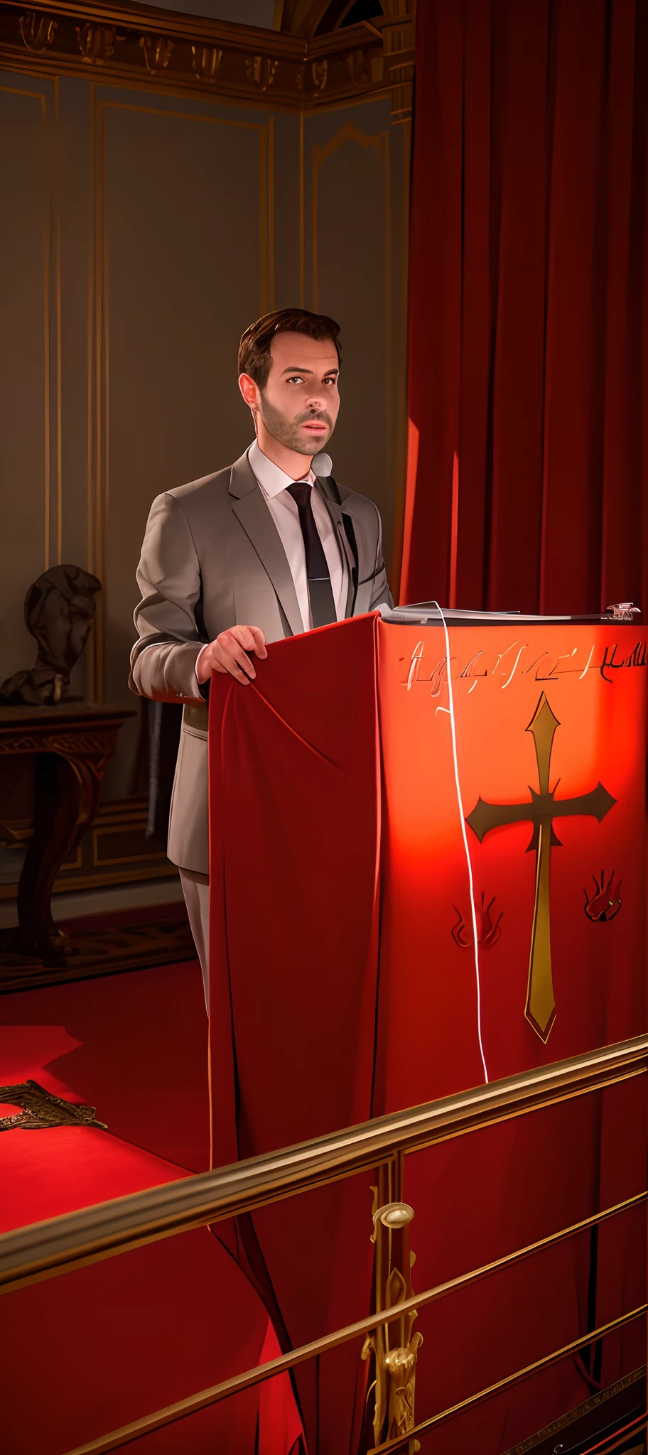 arafed man in a suit and tie standing behind a podium, wearing cross on robe, wearing a luxurious royal cloak, mickael lelièvre, raphael lecoste, giving a speech, wearing a royal robe, Vincent Maréchal, wearing gilded red royal robes, by Thomas Häfner, by Roman Bezpalkiv, clear face, detail nose and eyes, close lips, clear face, clean face, without beard, without beard