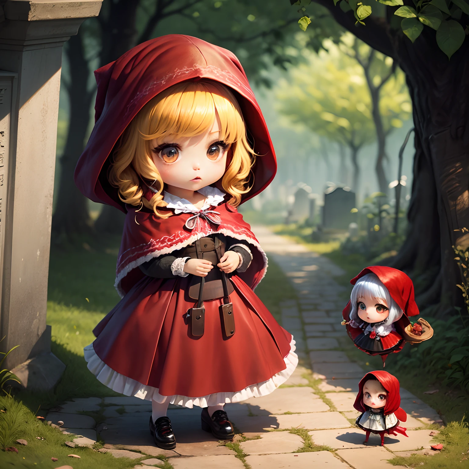 masterpiece、top-quality、ultra-detailliert、(Chibi Chara:1.3)、(Little Red Riding Hood:1.5),White Yoga Fashion、Yokohama Foreign Cemetery、Horror Lollipop Candy、full body Esbian、