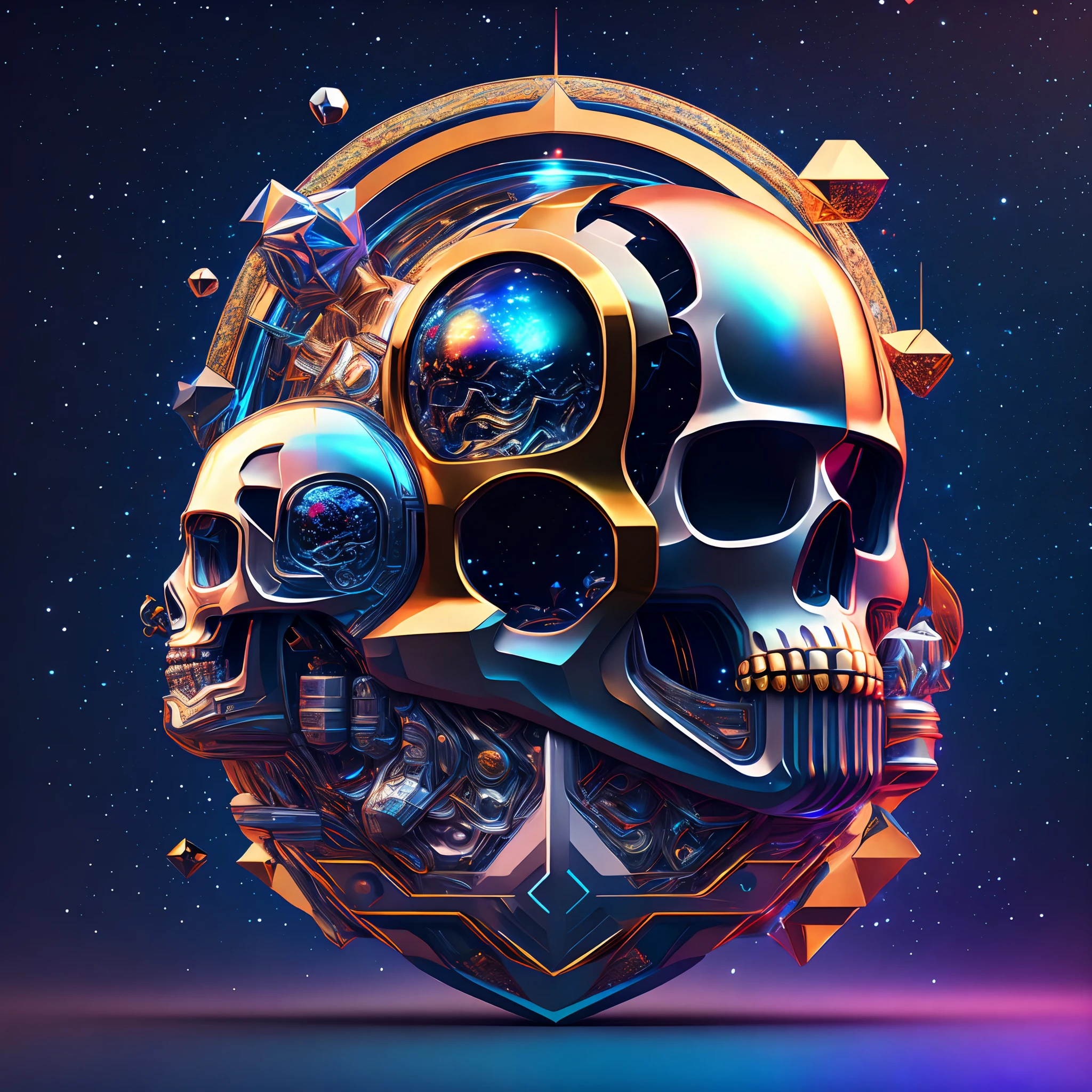 starrysky，Stylized astronaut helmet and skull，Complex design，Super detailed vector artwork，floatking，dynamic viewing angle，metallic  luster，Complicated details，Holographic Display，Atmospheric effects，sci-fi themed，first-person view, 8k, super detail, ccurate, best quality