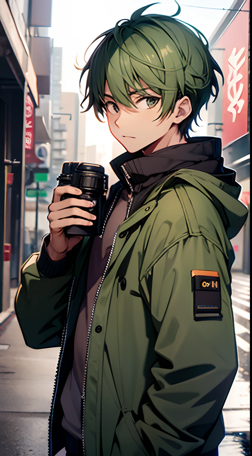 ((satoshi)) Brown Short Hair, Guy, Green jacket, Taking photos with a DSLR camera