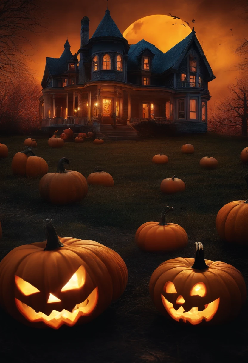 a spooky halloween scene with pumpkins in the foreground, halloween scene, scary magical background, halloween atmosphere, halloween art style, hd wallpaper, spooky mansion, scary color art in 4 k, 4 k hd wallpaper very detailed, scary detailed art in color, 8 k highly detailed ❤🔥 🔥 💀 🤖 🚀, background artwork, haunted background, spooky and scary atmosphere