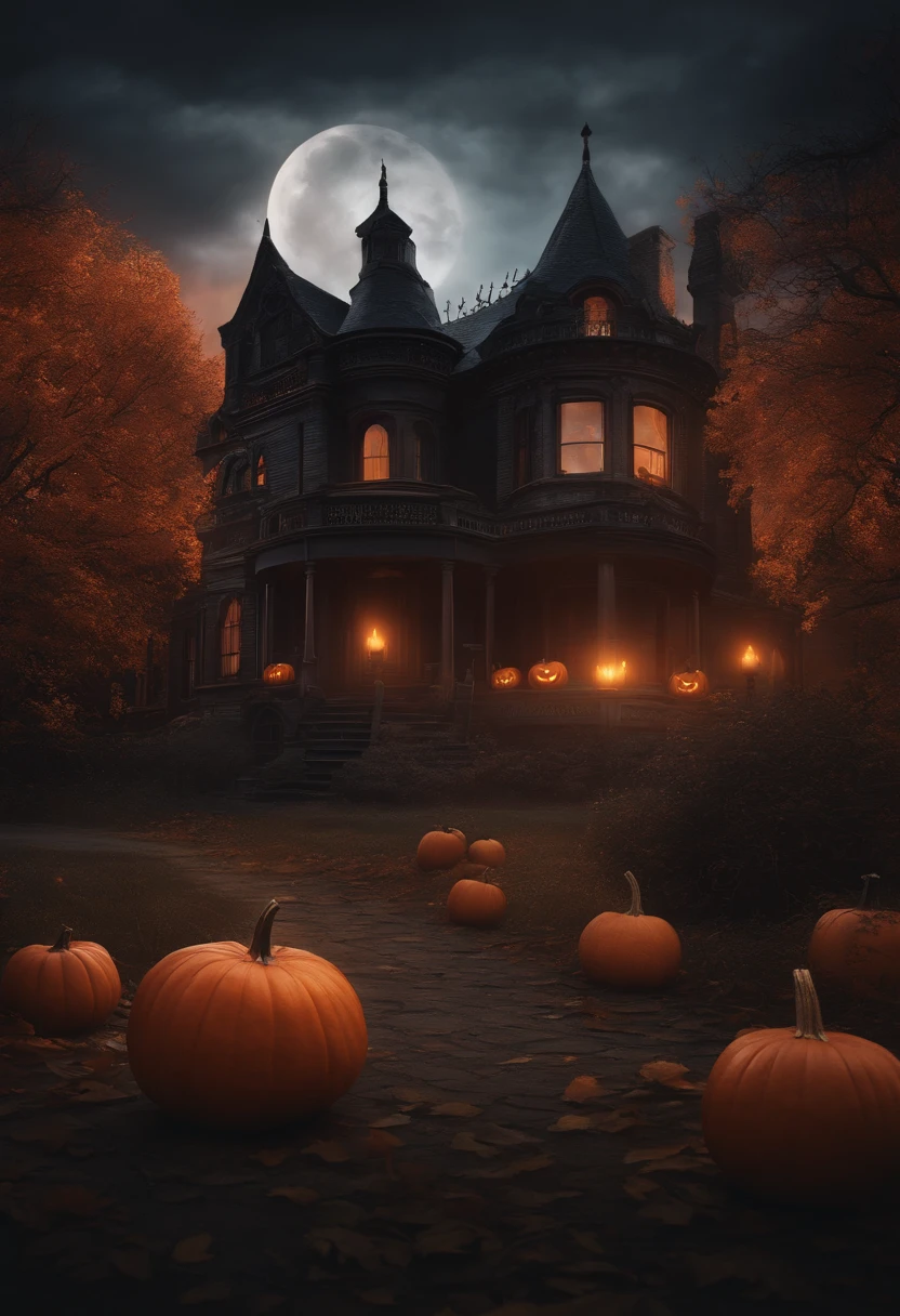 a spooky halloween scene with pumpkins in the foreground, halloween scene, scary magical background, halloween atmosphere, halloween art style, hd wallpaper, spooky mansion, scary color art in 4 k, 4 k hd wallpaper very detailed, scary detailed art in color, 8 k highly detailed ❤🔥 🔥 💀 🤖 🚀, background artwork, haunted background, spooky and scary atmosphere