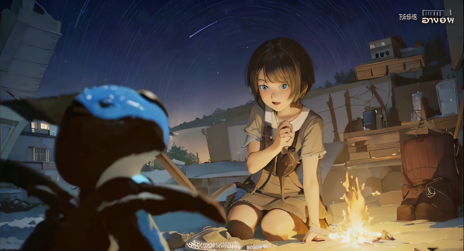Anime girl sitting on the ground，There is a blue monster in front of him，The girl talks to the monster，Girl with short hair，black color hair，blue color eyes，14岁，There is a campfire next door，Girls wear brown，deep in the night，There are houses on the hillside in the distance，Many stars in the sky are turning fast，Best quality, High quality, High definition, High quality texture, Highqualityshadow, High detail, Beautiful detailed, finely detailed, cg extremely detailed, Detailed texture, Realistic representation...