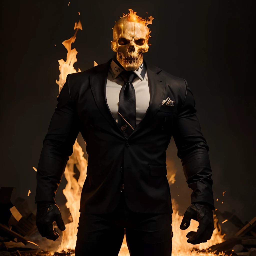 Ghost rider , muscled with huge pecs , hugge torso , huge arms , with a skull head like with fire , in suit with a tie ans spikes