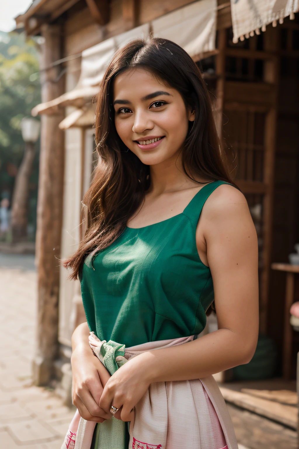 arafed woman smiling, green and pink dress, photo of a woman, mid shot portrait, candid picture, 7 0 mm portrait, photo of young woman, 60mm portrait, candid portrait photo, wearing bihu dress mekhela sador, portait image, candid portrait, taken with canon eos 5 d mark iv