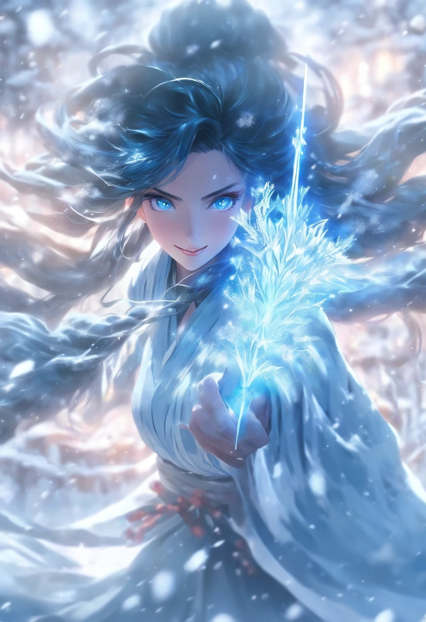 Best quality, 4K picture quality, 1girl, Nadia, blue eyes, blue Hanfu, snow, long black hair fluttering in the wind, healing smile, large aperture, blurred background, superpowered girl, frost Giants, frost elemental