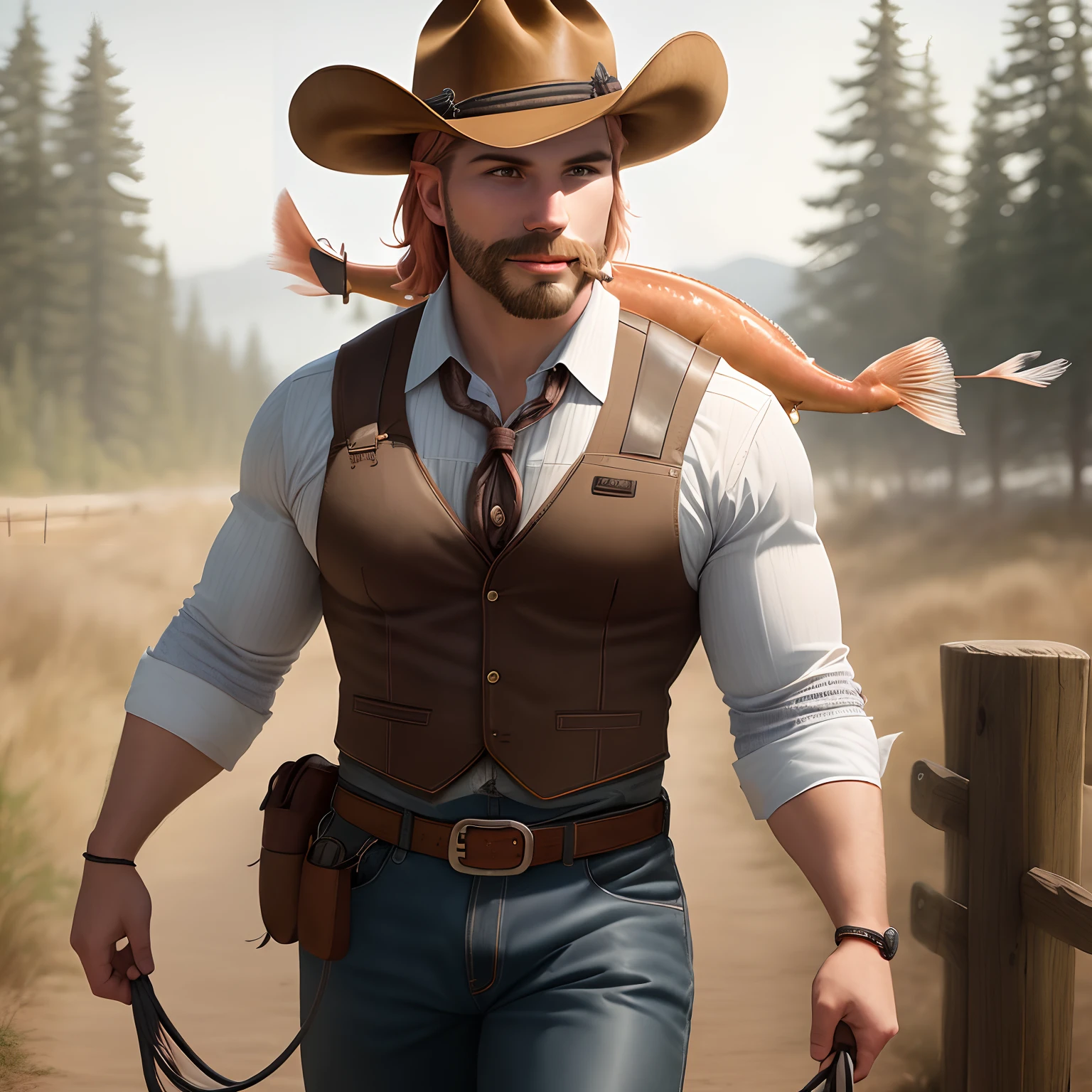 A salmon dressed as a cowboy using a lasso