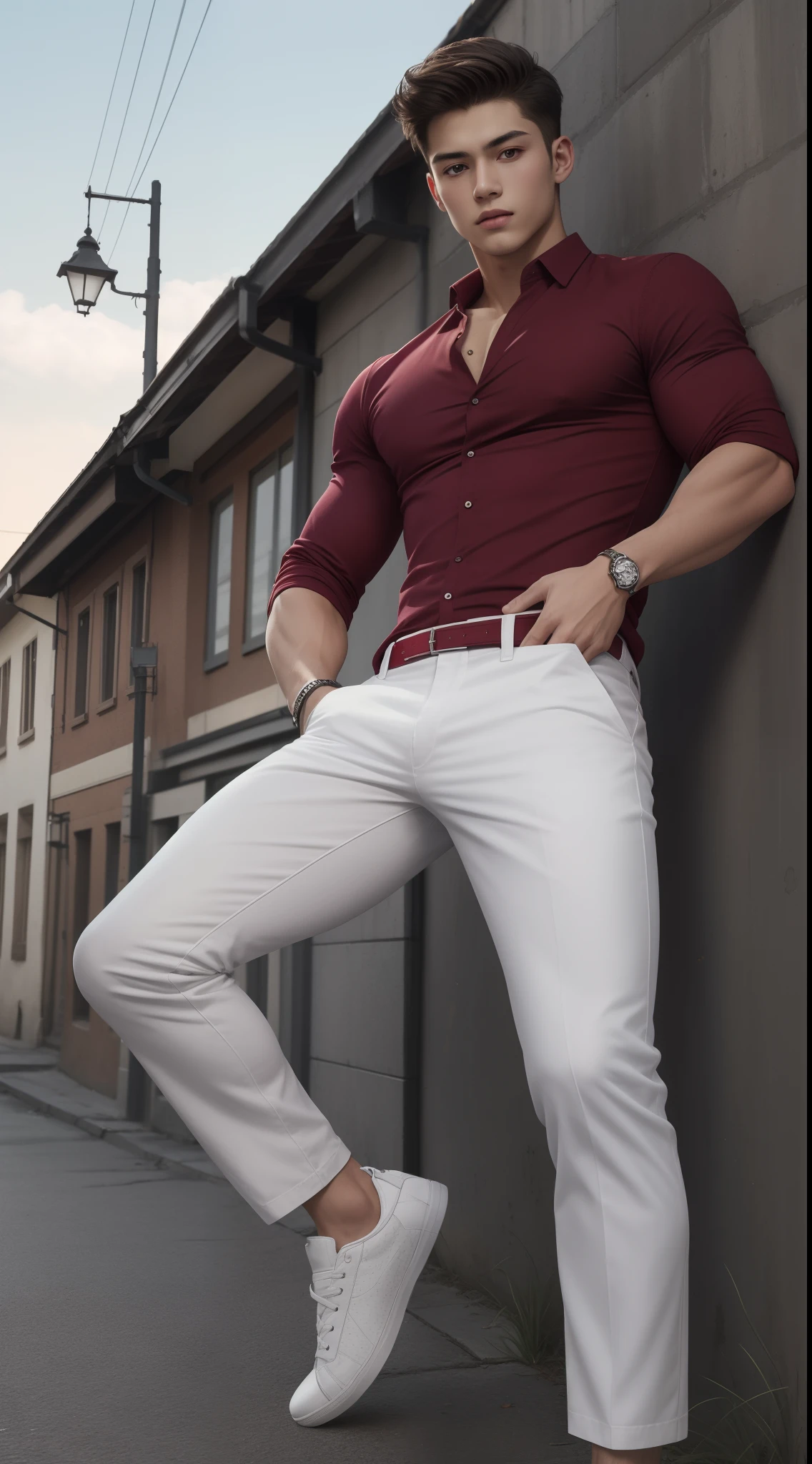 (absurderes, A high resolution, Ultra detailed, hdr), Masterpiece, Best quality, Portrait of a boy, Handsome boy with red eyes, Detailed face, Professional photo, The Alafed man is shirtless, Leaning comfortably，legs are open, (puffynipple(From below:1.1)), Focus on your audience,18 year old boy, Handsome boy, [ Firmly defined body ]，Burgundy shirt open，Abs，chest muscle，short white pants，large bulge，white shoe，On the street，