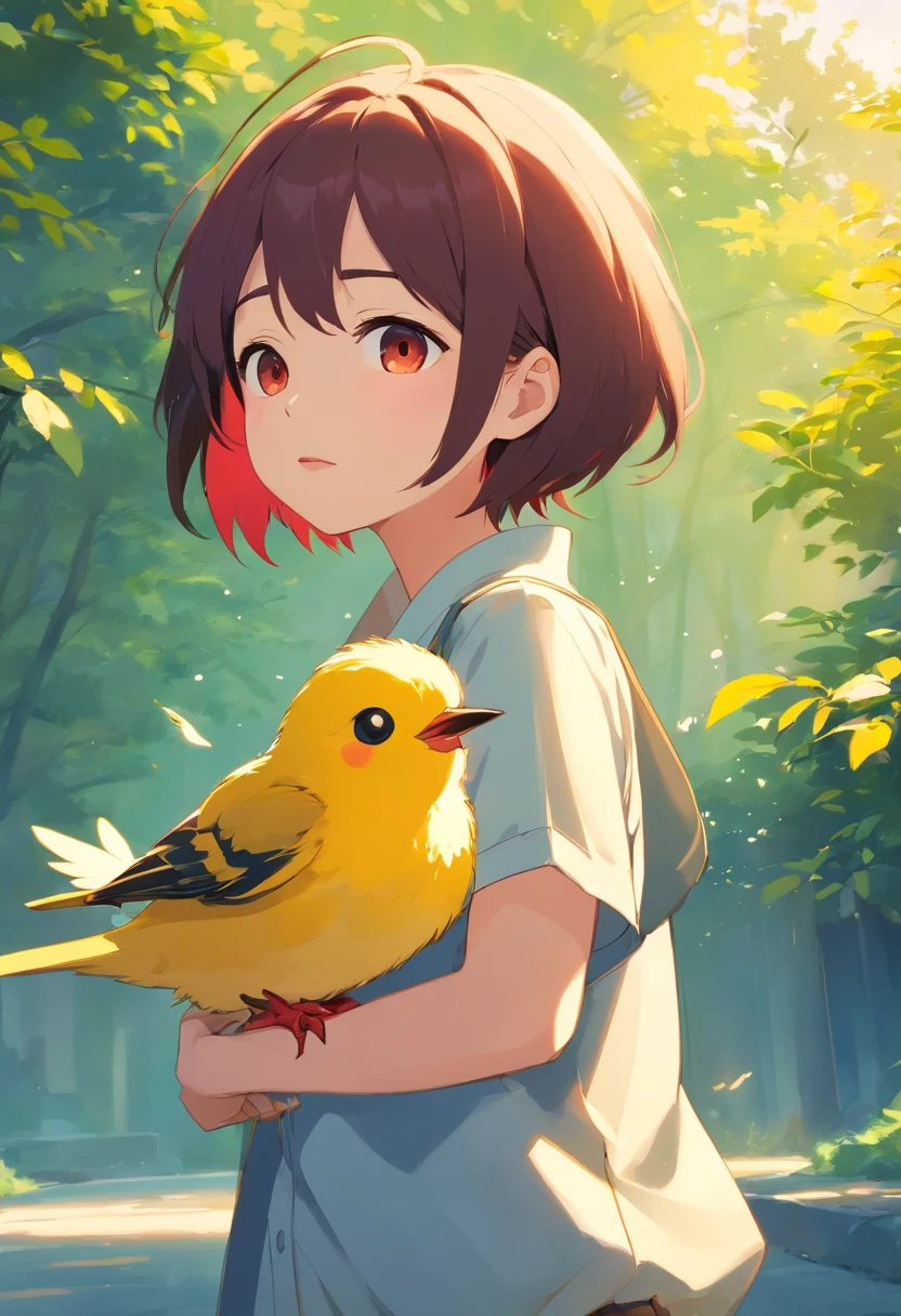 A cute little bird，Yellow body，Red mouth，Simple background，cuteexpression。