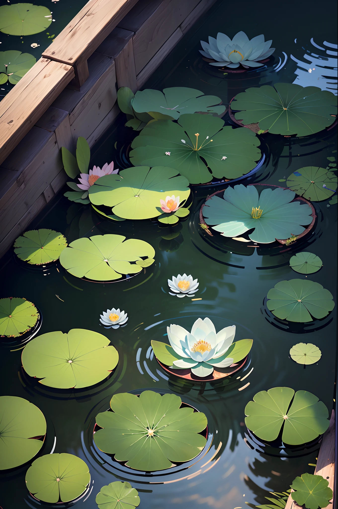 Original,Masterpiece, (illustratio:1.1),(best qualtiy),(tmasterpiece:1.1),(the Extremely Detailed CG Unity 8K Wallpapers),(a color:1.2),water lilies,Water lily petals,scenecy,rios|Wagas,