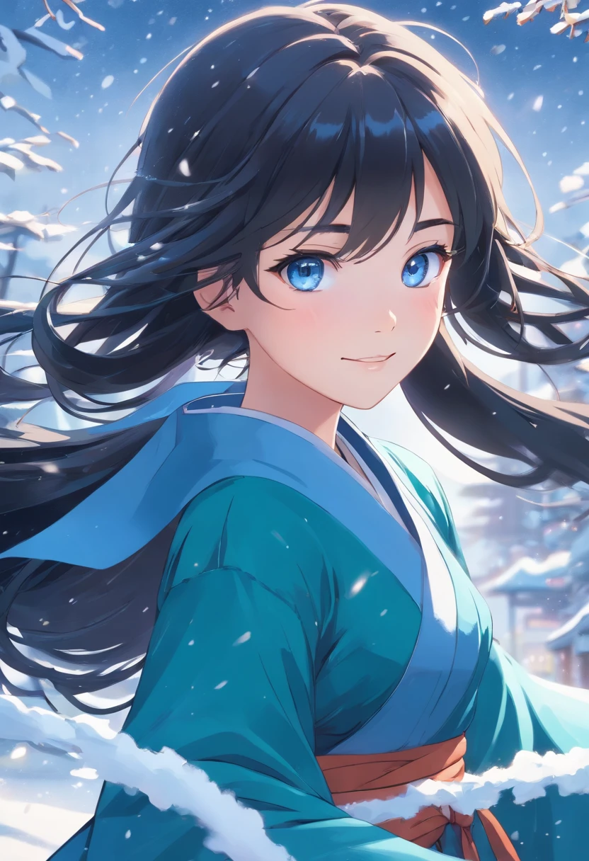 Best quality, 4K picture quality, 1girl, Nadia, blue eyes, blue Hanfu, snow, long black hair fluttering in the wind, healing smile, large aperture, blurred background, superpowered girl, frost Giants, frost elemental