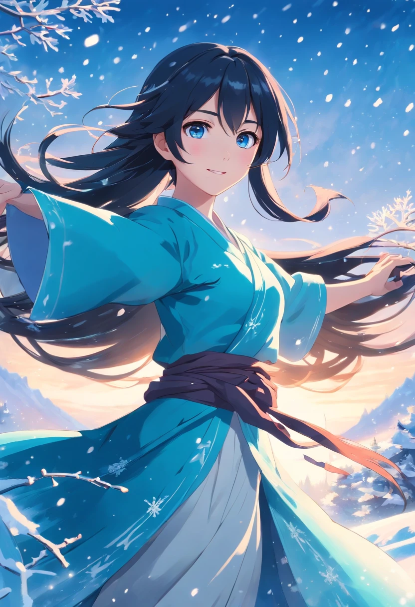 Best quality, 4K picture quality, 1girl, Nadia, blue eyes, blue Hanfu, snow, long black hair fluttering in the wind, healing smile, large aperture, blurred background, superpowered girl, frost Giants, frost elemental