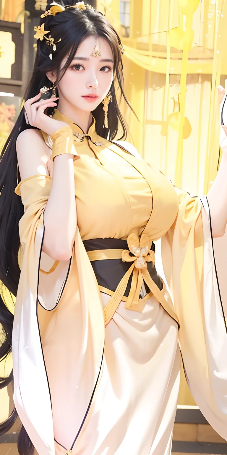 1girl,big breast,black hair, yellow Chinese dress, ultra detailed, masterpiece, realistic