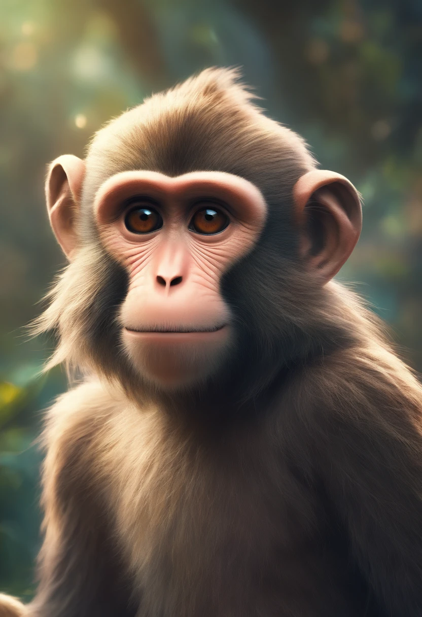 best quality, highres, ultra-detailed, realistic, anthropomorphic long hair monkey, detailed face and expression, cute monkey with human characteristics, realistic textures, fur and cap details, vibrant colors, whimsical art style, outdoor setting, natural lighting